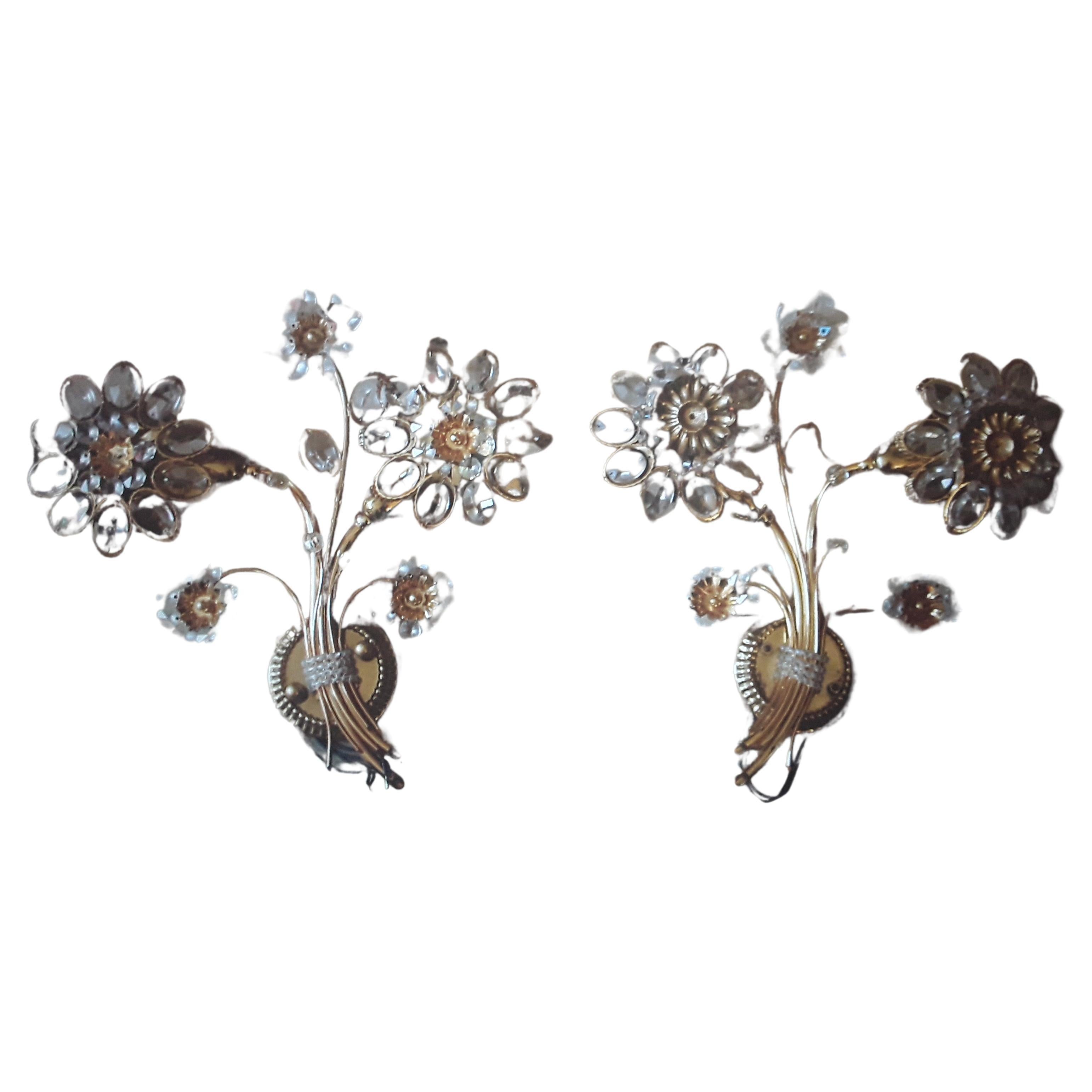 Pair 1960s Austrian Mid Century Modern 24K w/Cut Crystal Floral Form Wall Sonces For Sale