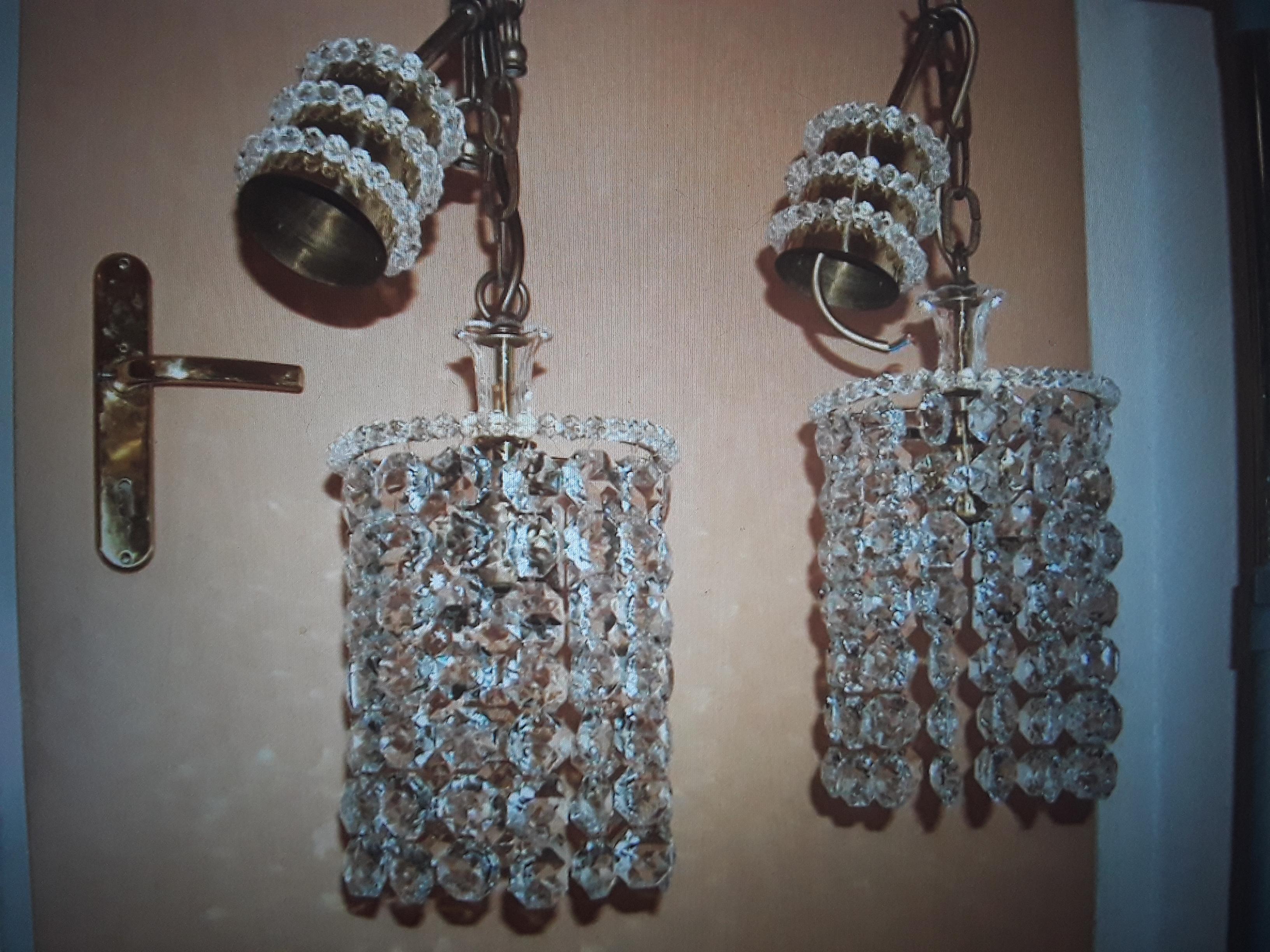 Mid-Century Modern Pair 1960s Austrian Mid Century Modern Cut Crystal 24K Ceiling Pendants by Palwa For Sale