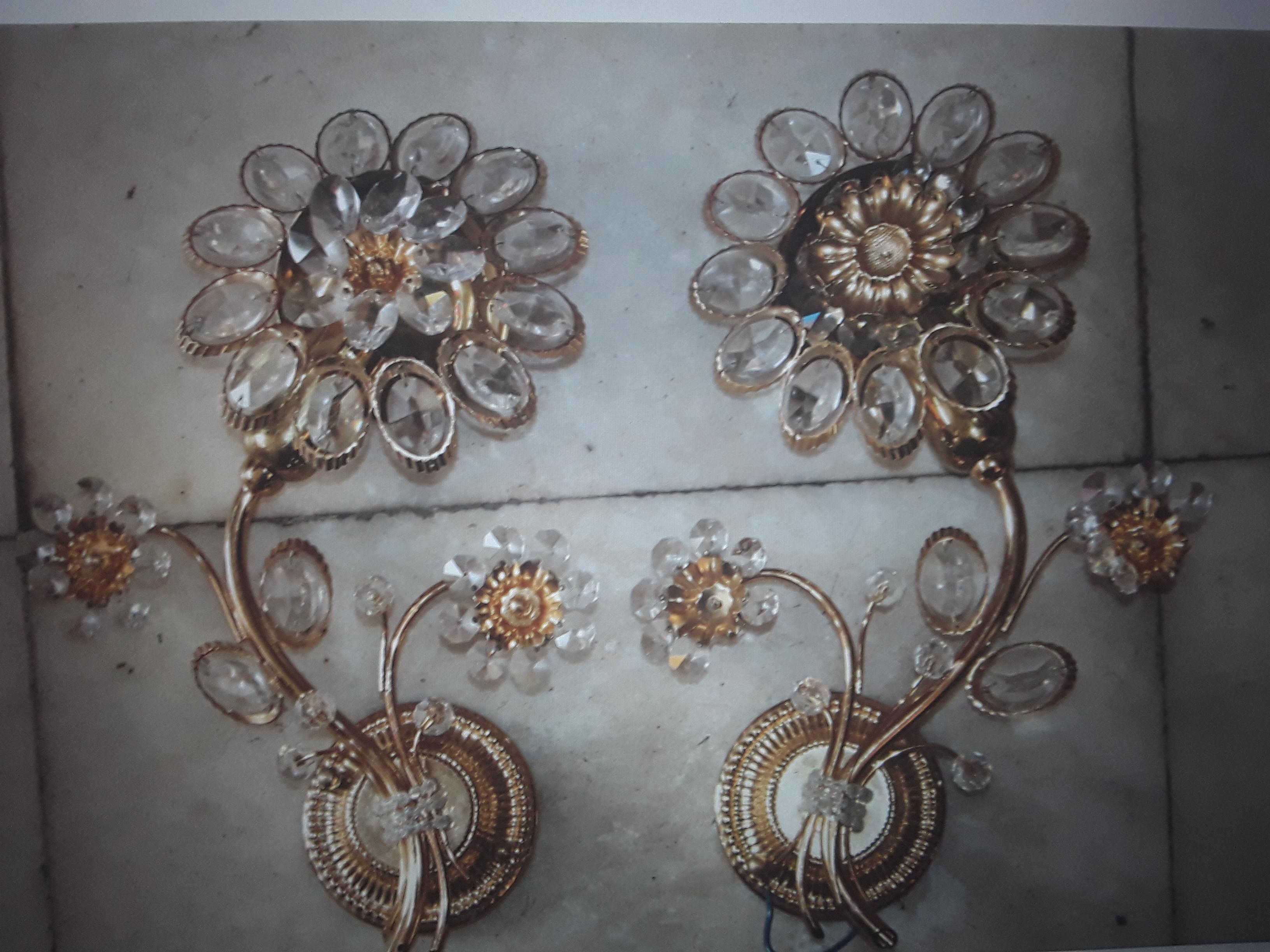 Pair Mid Century Modern Austrian Cut Crystal Floral Form 24K Plate Framed Wall Sconces. Manufactured by Palwa.