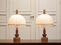 Pair 1960s Bedside / Table Lamps In Pine And Linen By Yngve Ekström For Lystella