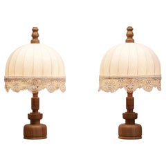 Pair 1960s Bedside / Table Lamps In Pine And Linen By Yngve Ekström For Lystella