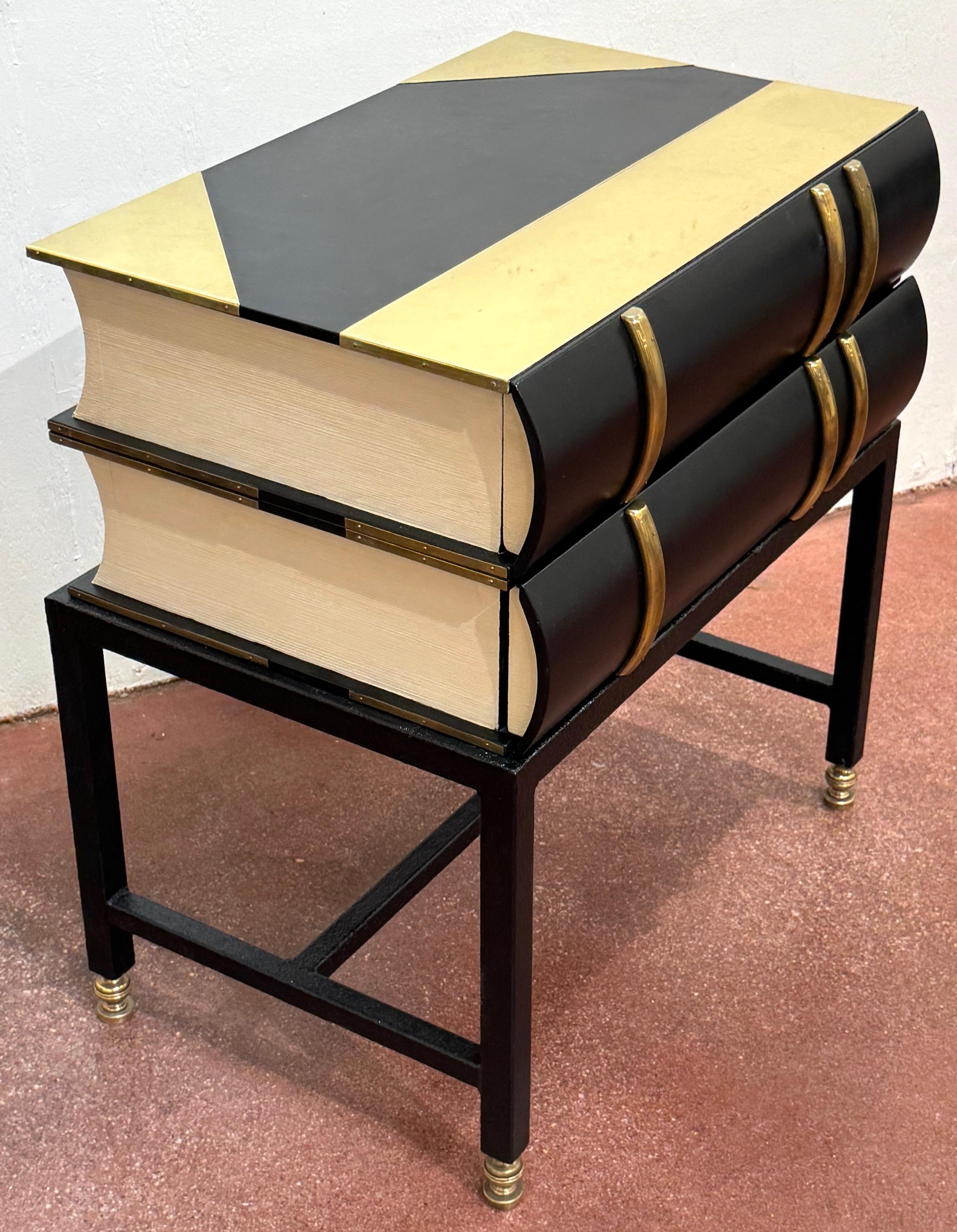 Pair 1960s Brass Mounted Wood & Iron Stacked Book End Tables, Hart Associates For Sale 3