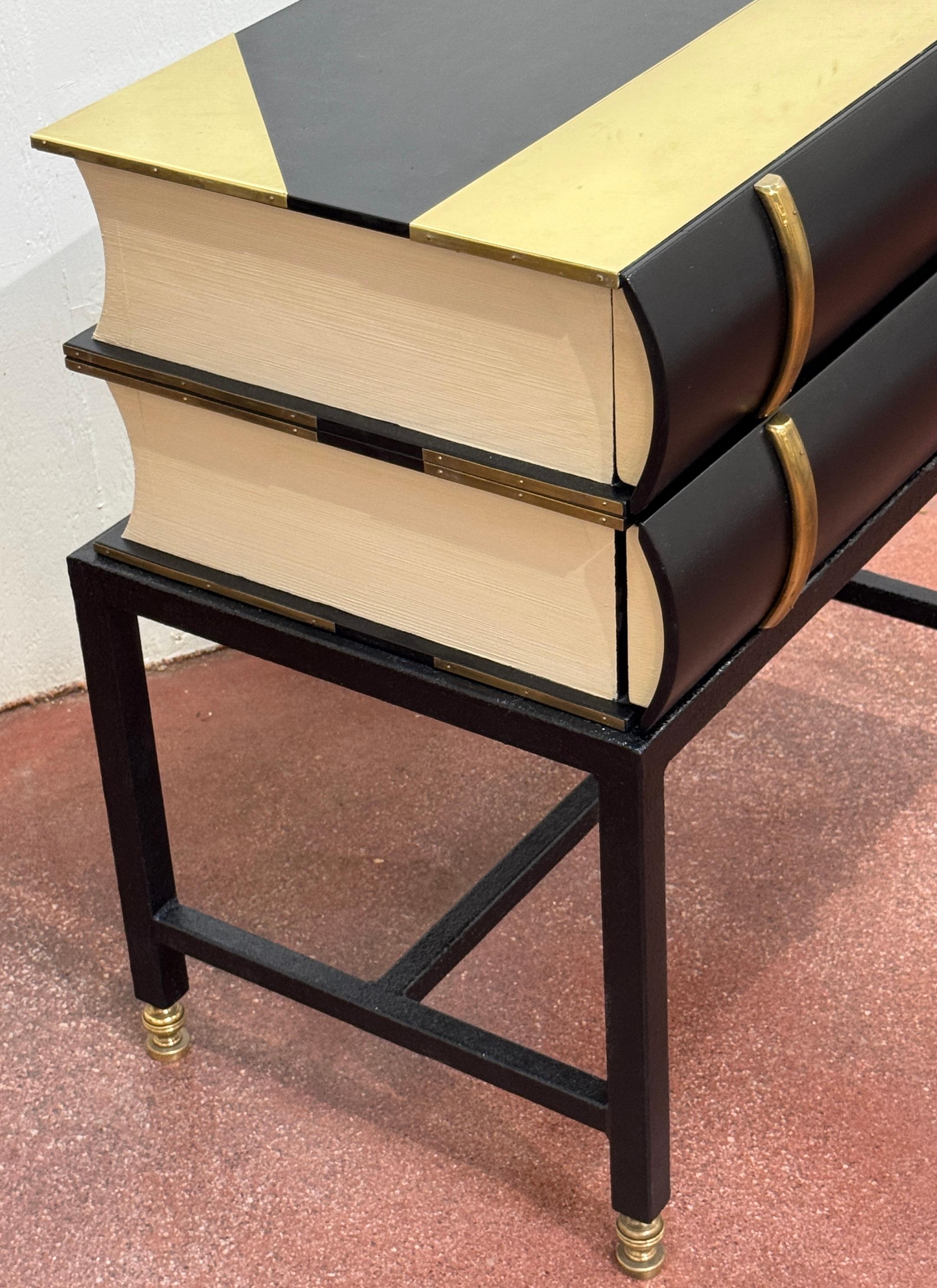 Pair 1960s Brass Mounted Wood & Iron Stacked Book End Tables, Hart Associates For Sale 4