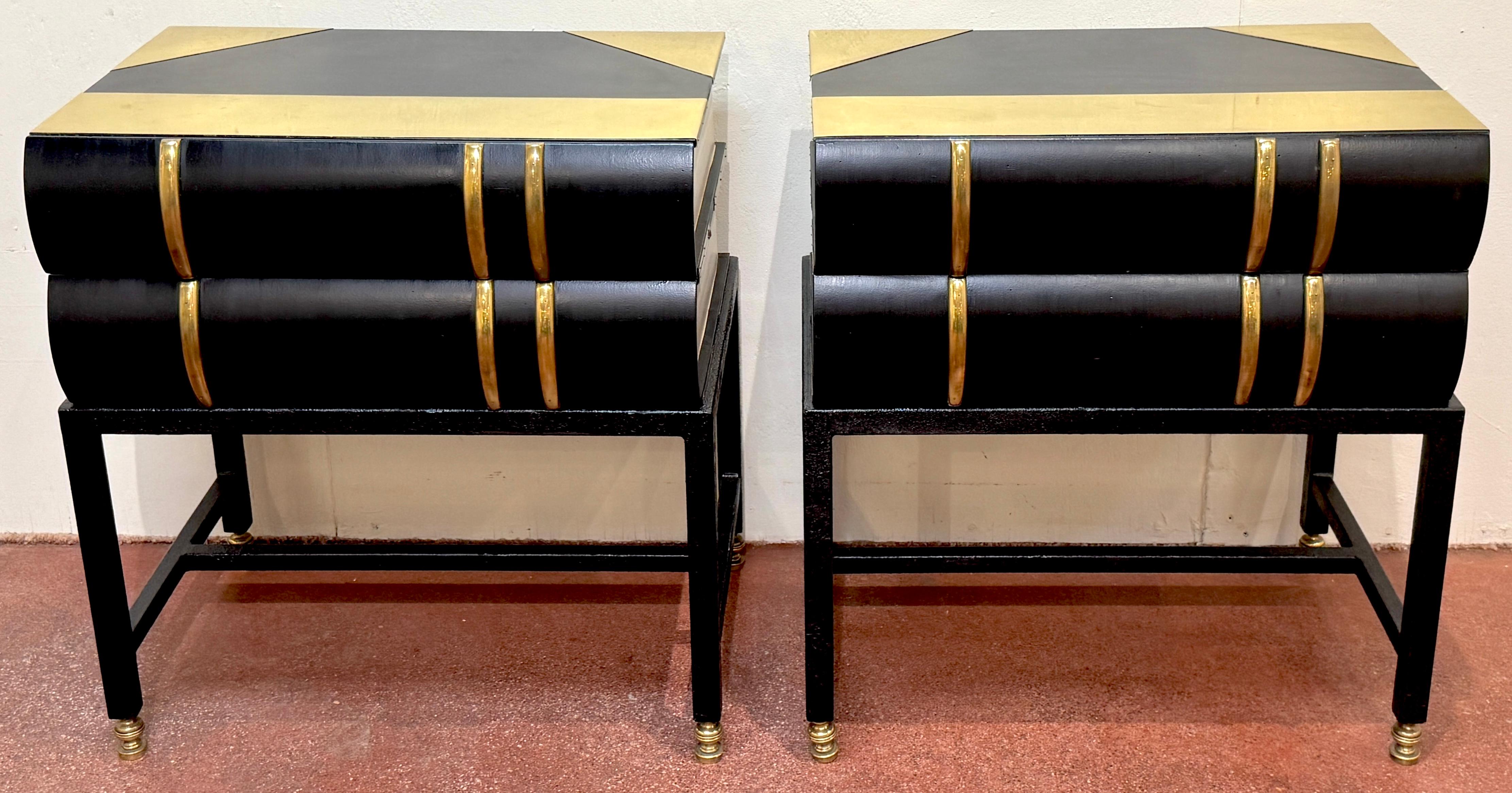 Pair of 1960s Brass-Mounted Wood & Iron Stacked Book End Tables, Hart Associates

A bold and imaginative pair of end tables or nightstands, designed to mimic the form of two stacked books, attributed to Hart Associates, circa 1960s. These sculptural