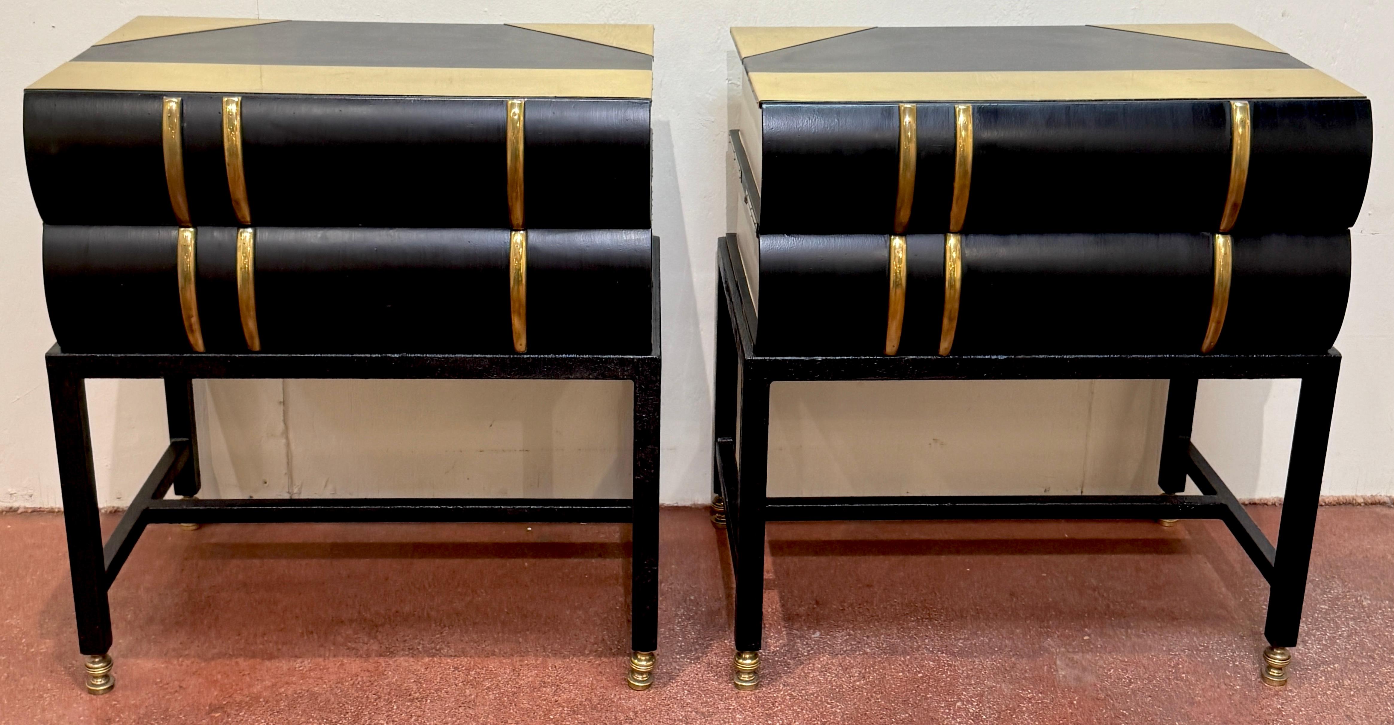 Modern Pair 1960s Brass Mounted Wood & Iron Stacked Book End Tables, Hart Associates For Sale