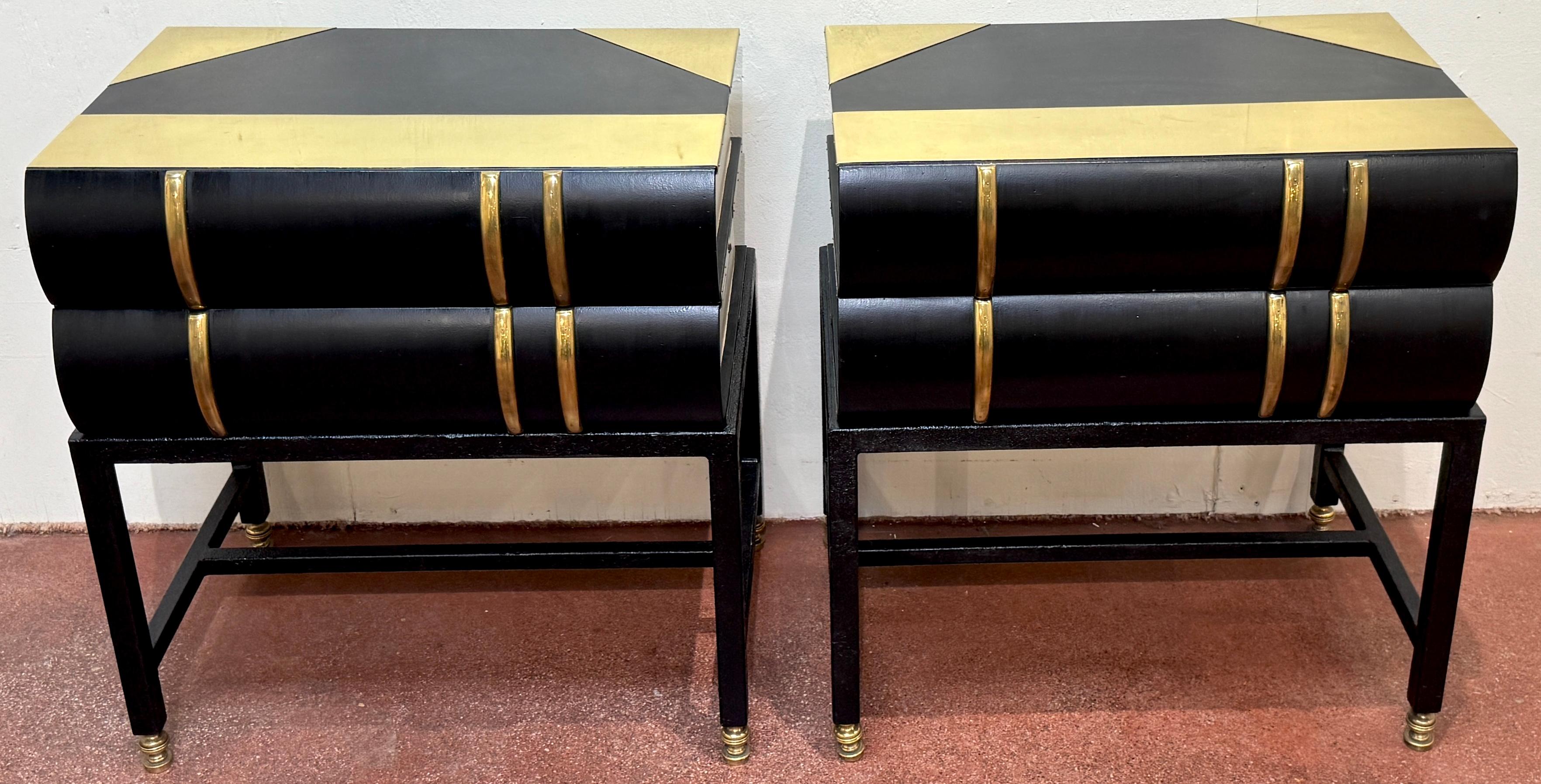 American Pair 1960s Brass Mounted Wood & Iron Stacked Book End Tables, Hart Associates For Sale
