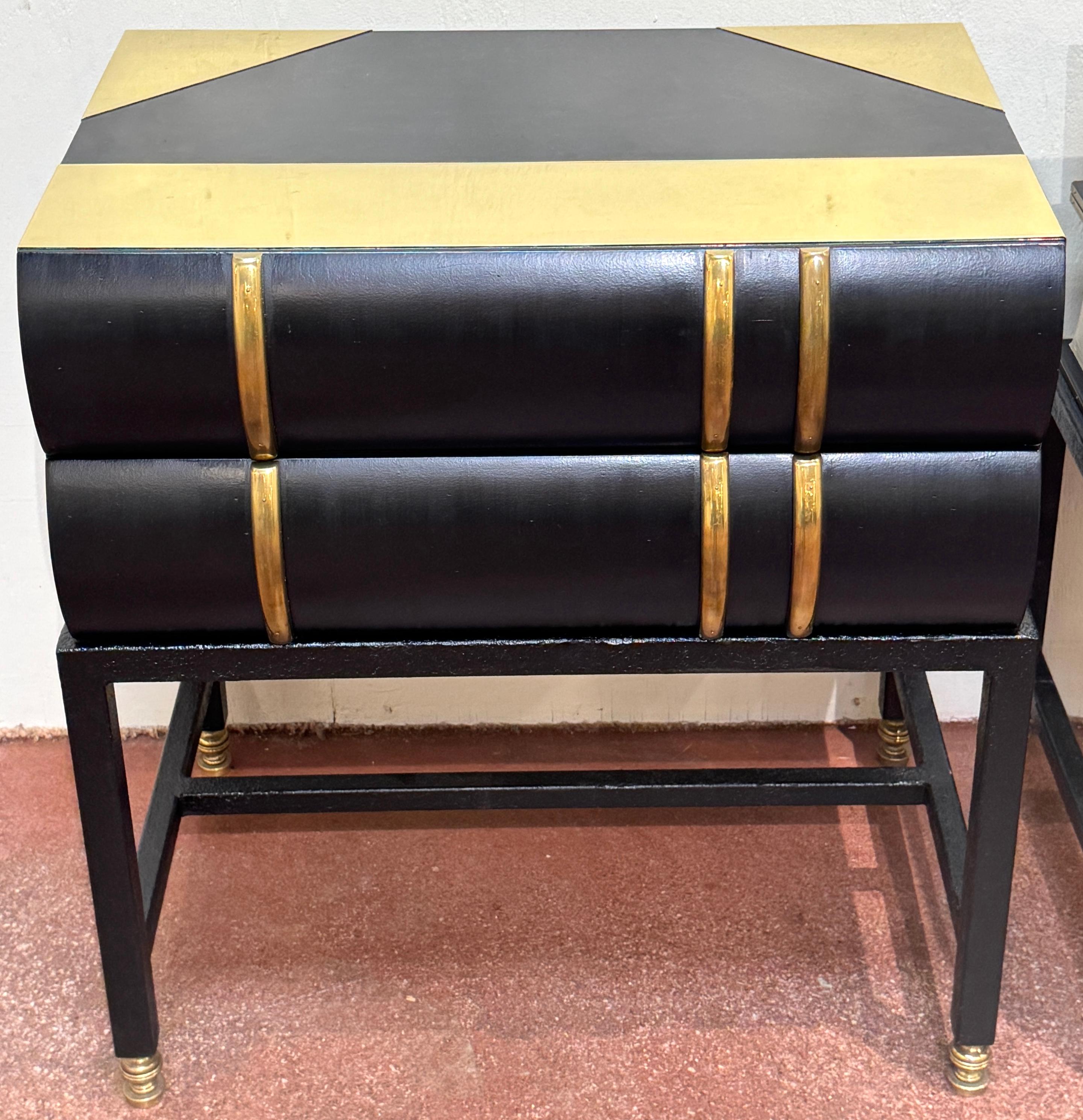 Forged Pair 1960s Brass Mounted Wood & Iron Stacked Book End Tables, Hart Associates For Sale