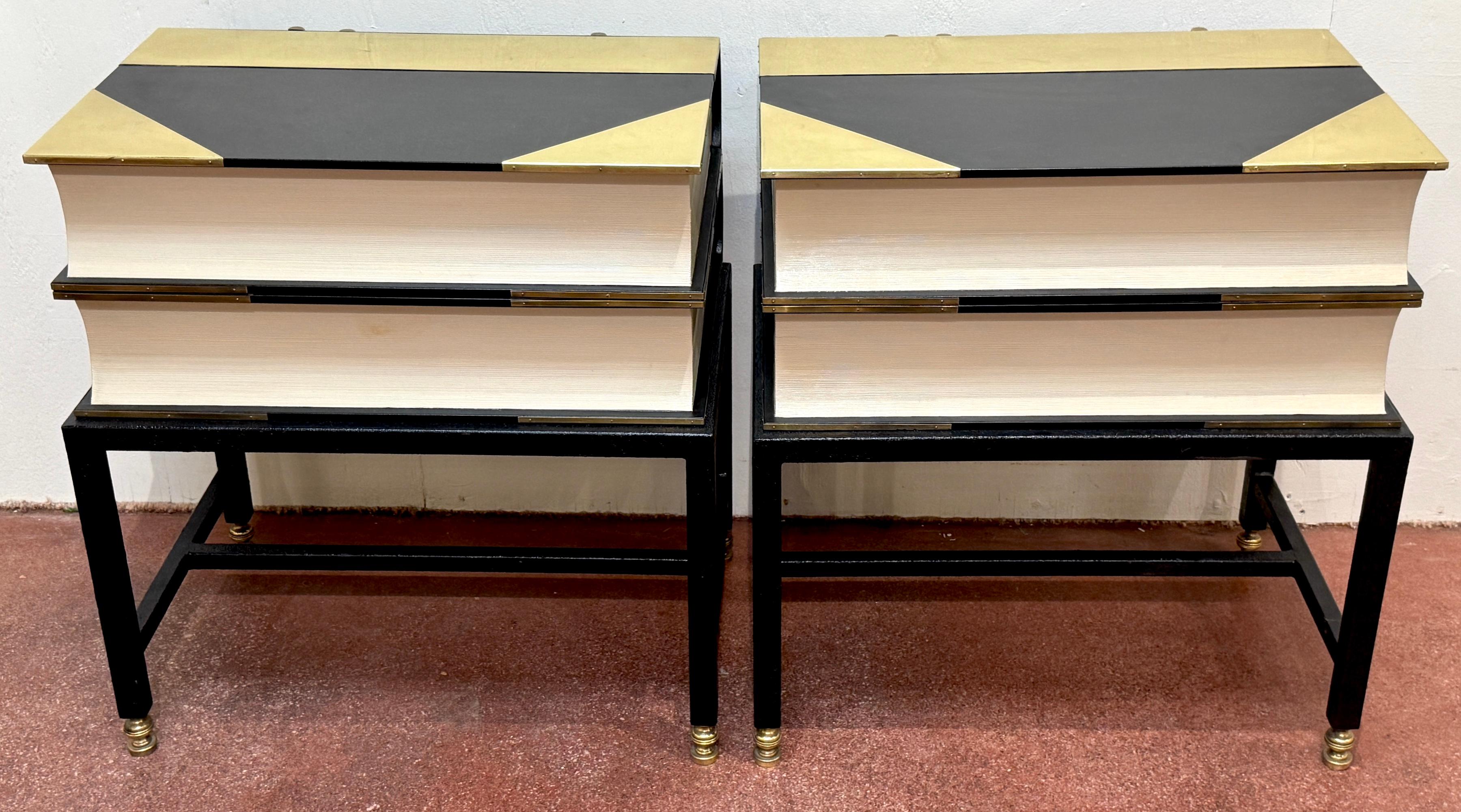 20th Century Pair 1960s Brass Mounted Wood & Iron Stacked Book End Tables, Hart Associates For Sale
