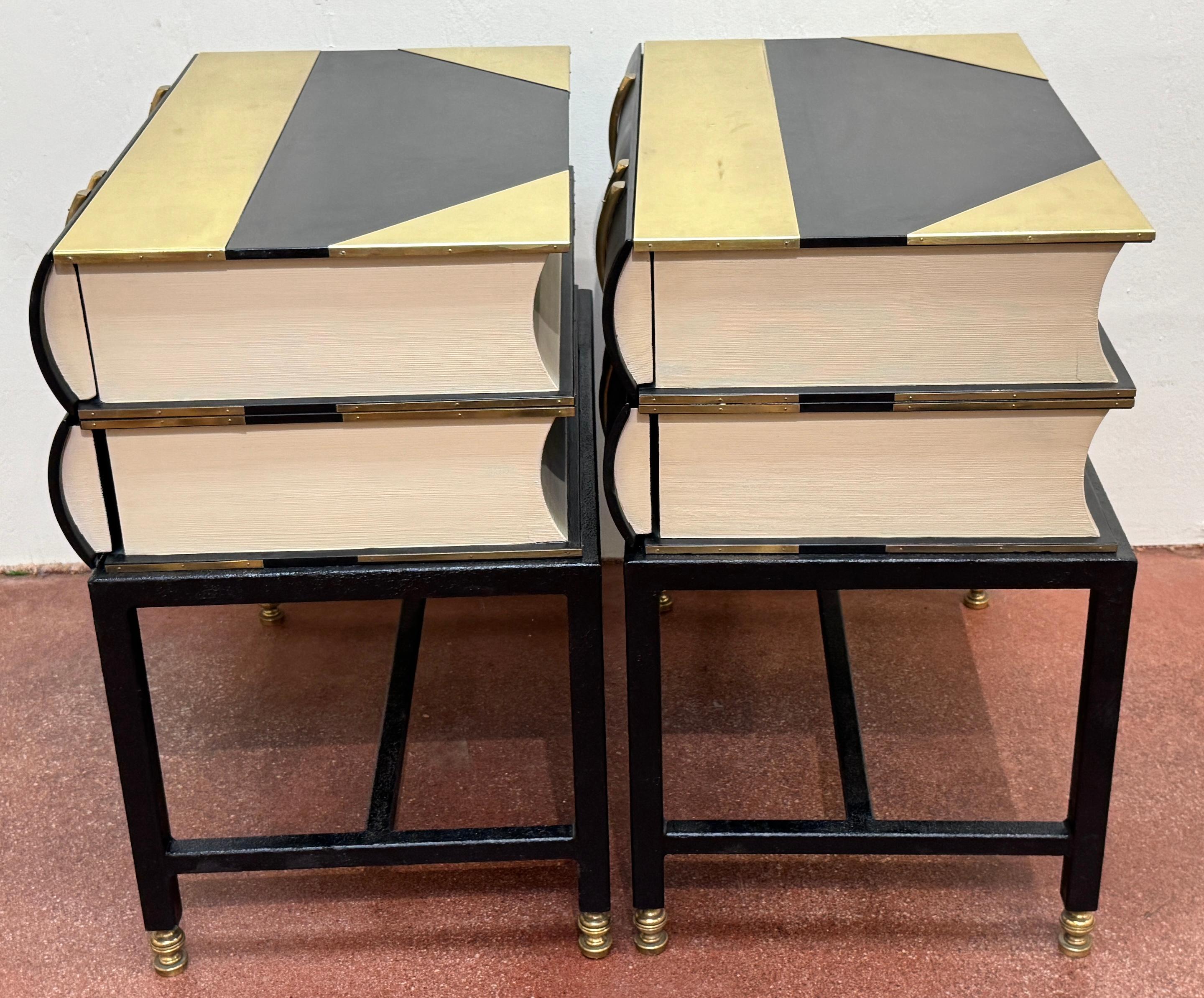 Metal Pair 1960s Brass Mounted Wood & Iron Stacked Book End Tables, Hart Associates For Sale
