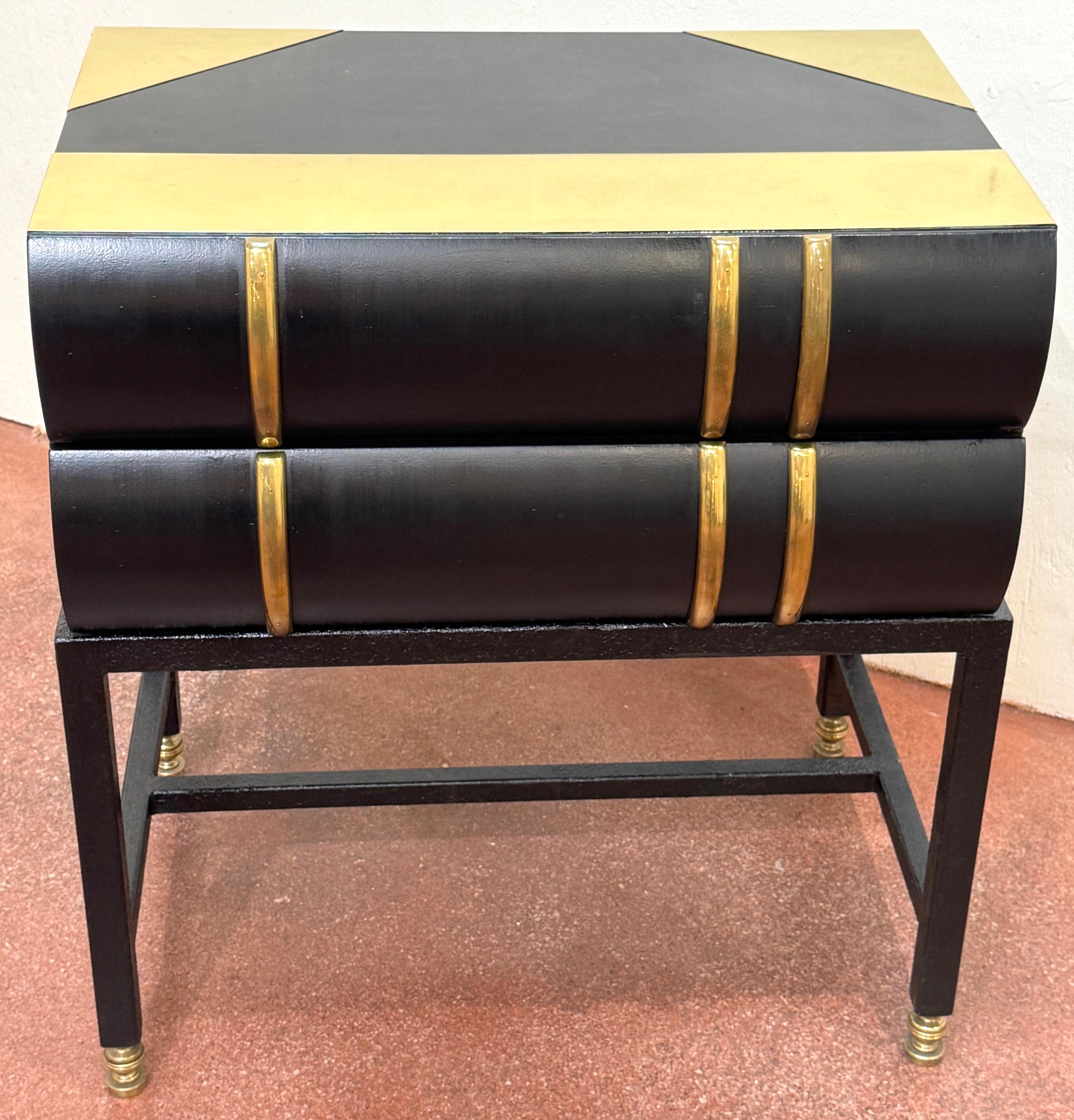 Pair 1960s Brass Mounted Wood & Iron Stacked Book End Tables, Hart Associates For Sale 1