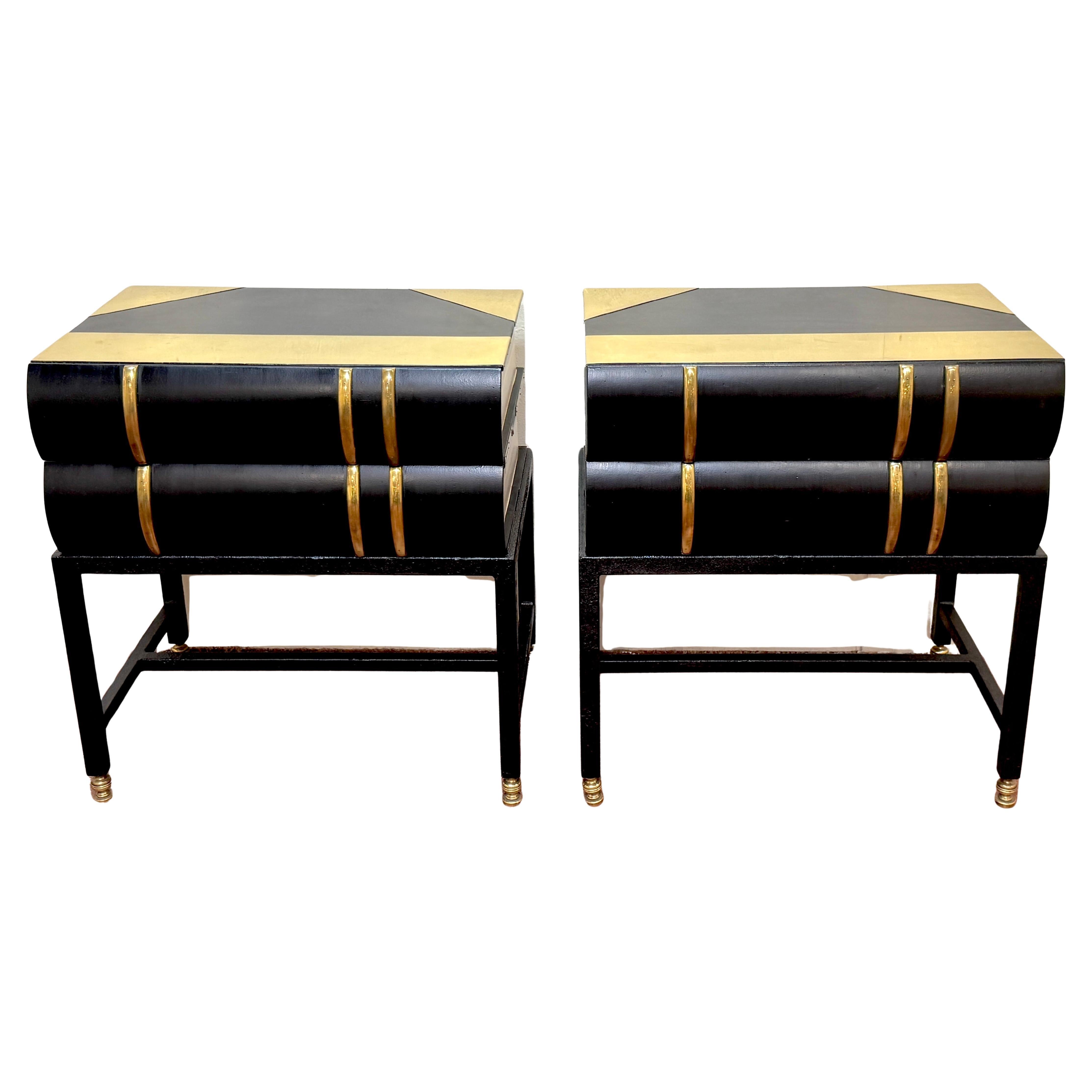 Pair 1960s Brass Mounted Wood & Iron Stacked Book End Tables, Hart Associates