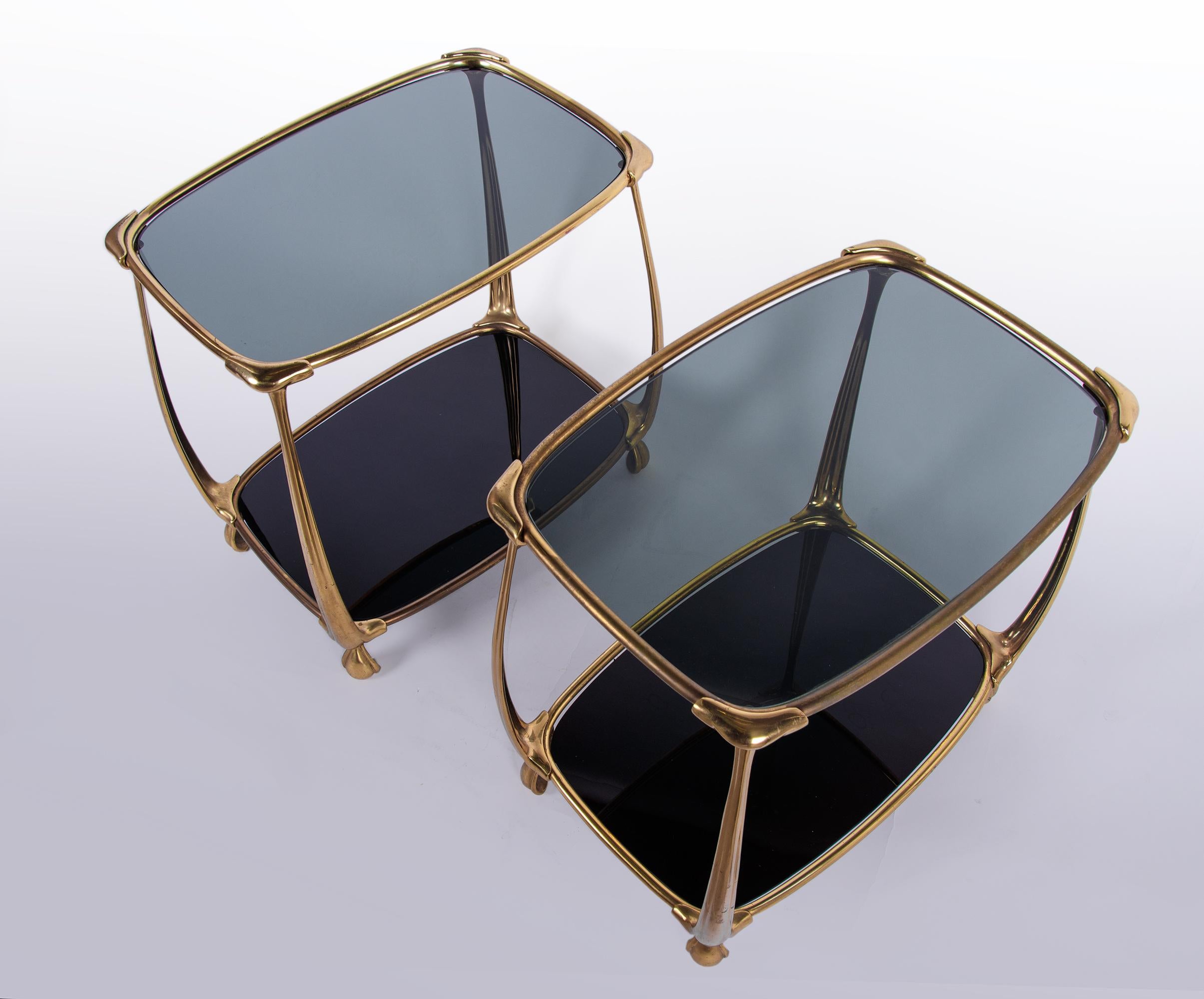 Mid-Century Modern Pair of Mid Century Brass & Smoked Glass Side Tables, Italy 1960s