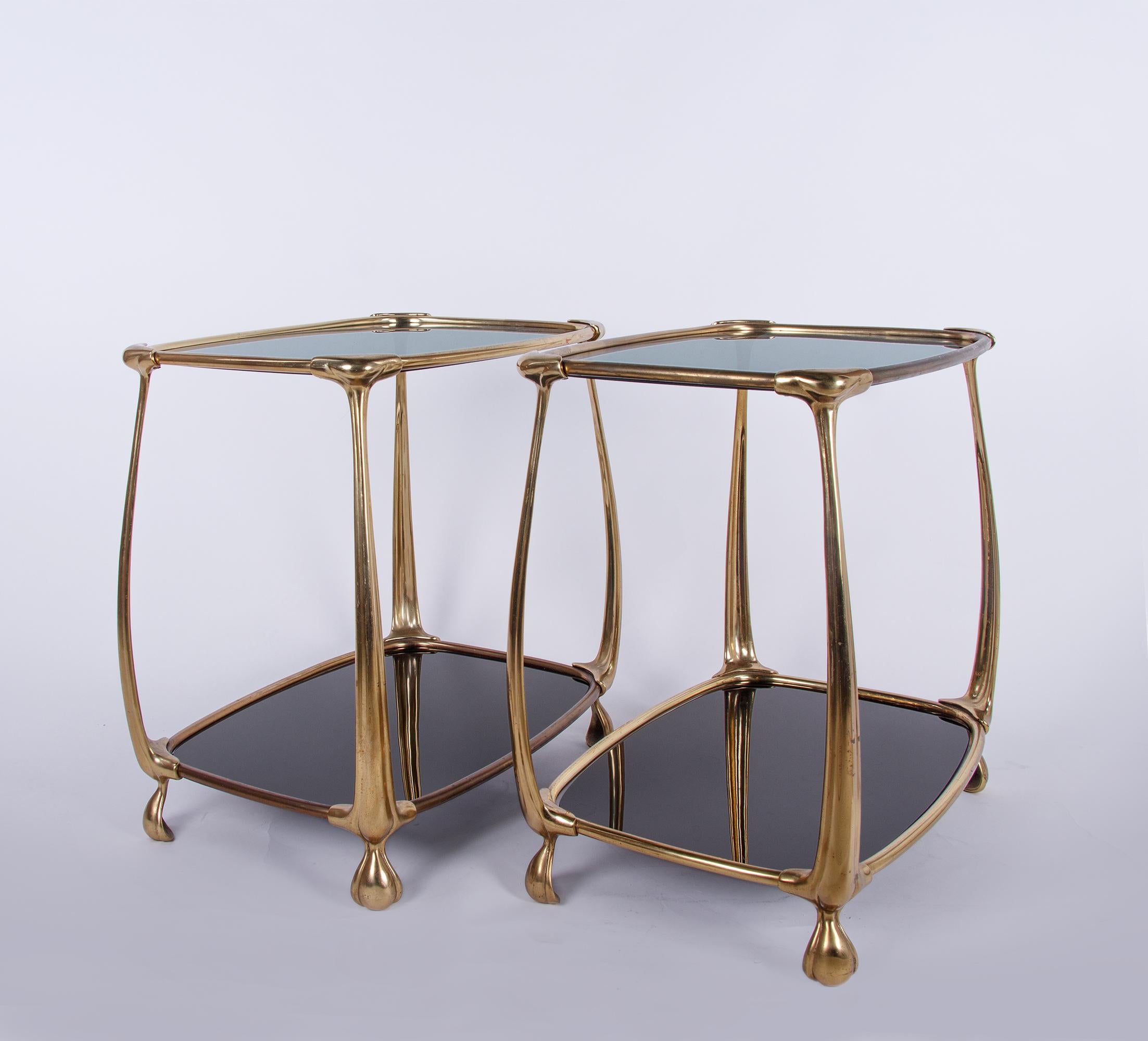 Italian Pair of Mid Century Brass & Smoked Glass Side Tables, Italy 1960s