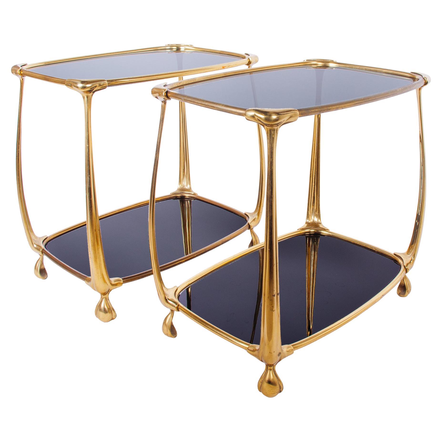 Pair of Mid Century Brass & Smoked Glass Side Tables, Italy 1960s