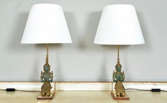 Pair 1960s Bronze Brass Gilt Thai Teppanom Buddha Table Lamps Mont style Belgium