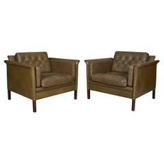 Pair 1960s Danish Olive Green Leather Club Lounge Chairs Scandinavian Midcentury
