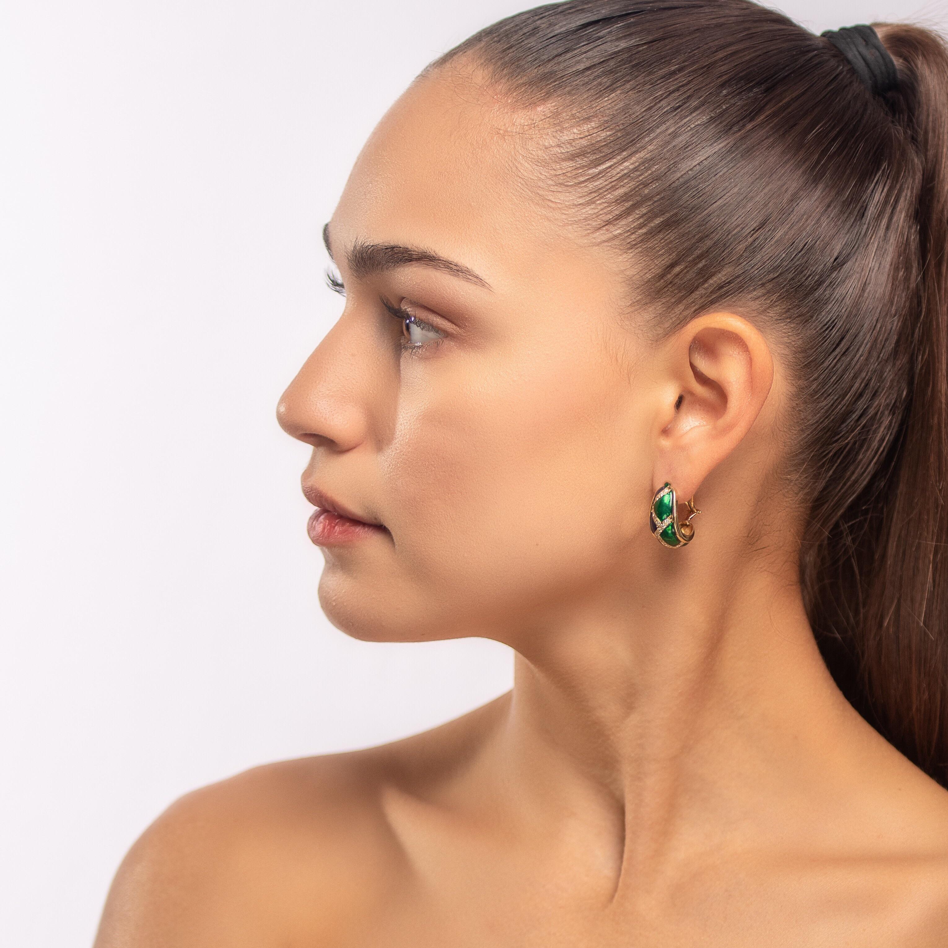 Modern Pair of 1960s Enamel and Diamond Gold Earrings