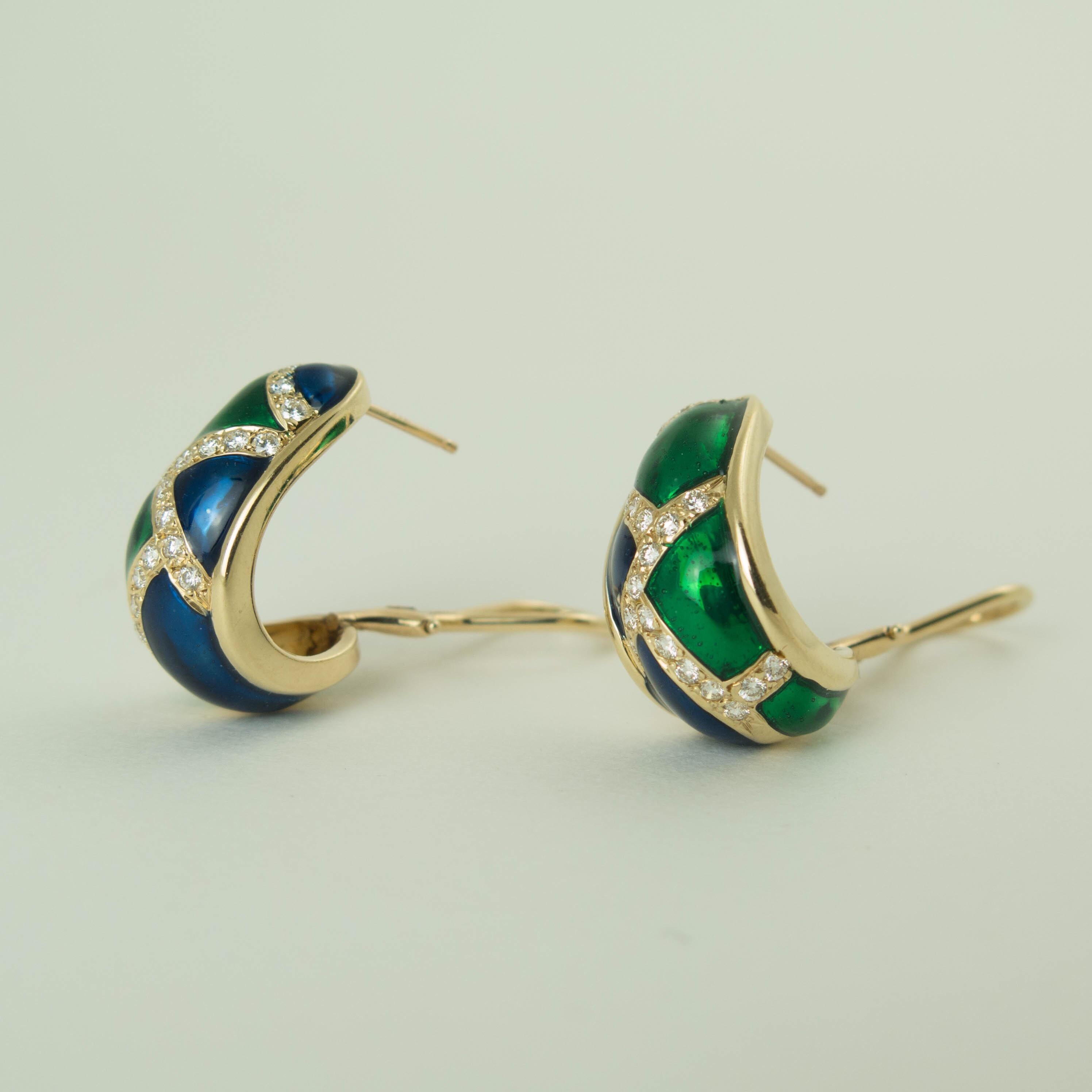Women's Pair of 1960s Enamel and Diamond Gold Earrings