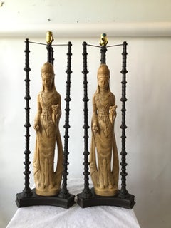 Pair of 1960s Figural Plaster Asian Lamps