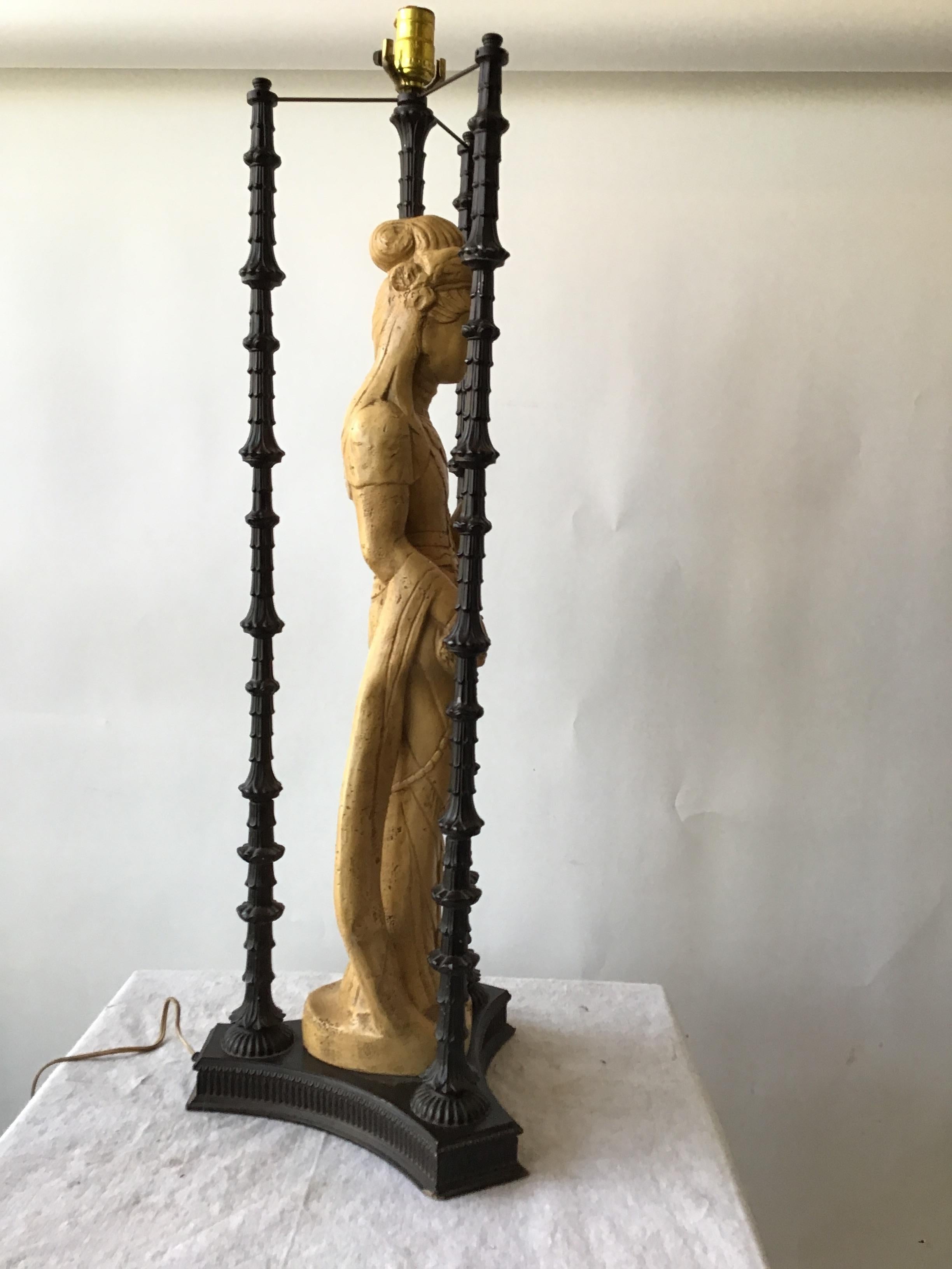 Mid-20th Century Pair of 1960s Figural Plaster Asian Lamps