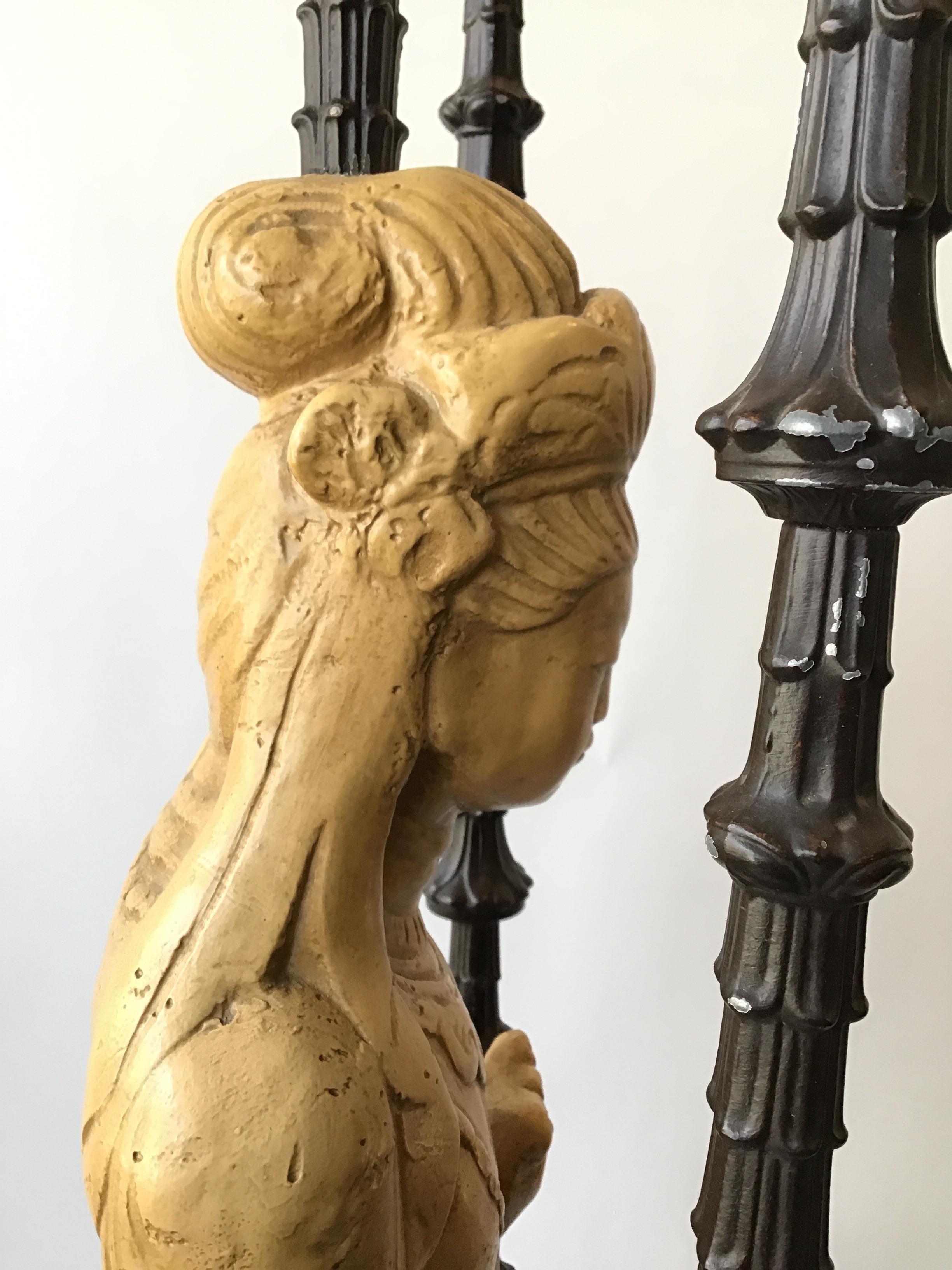 Pair of 1960s Figural Plaster Asian Lamps 4