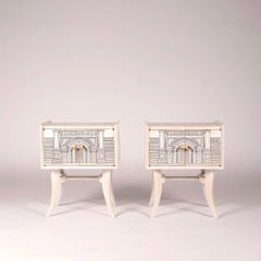 Pair 1960s Fornasetti Style Italian Surrealist Architectural Nightstands