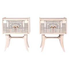 Pair 1960s Fornasetti Style Italian Surrealist Architectural Nightstands