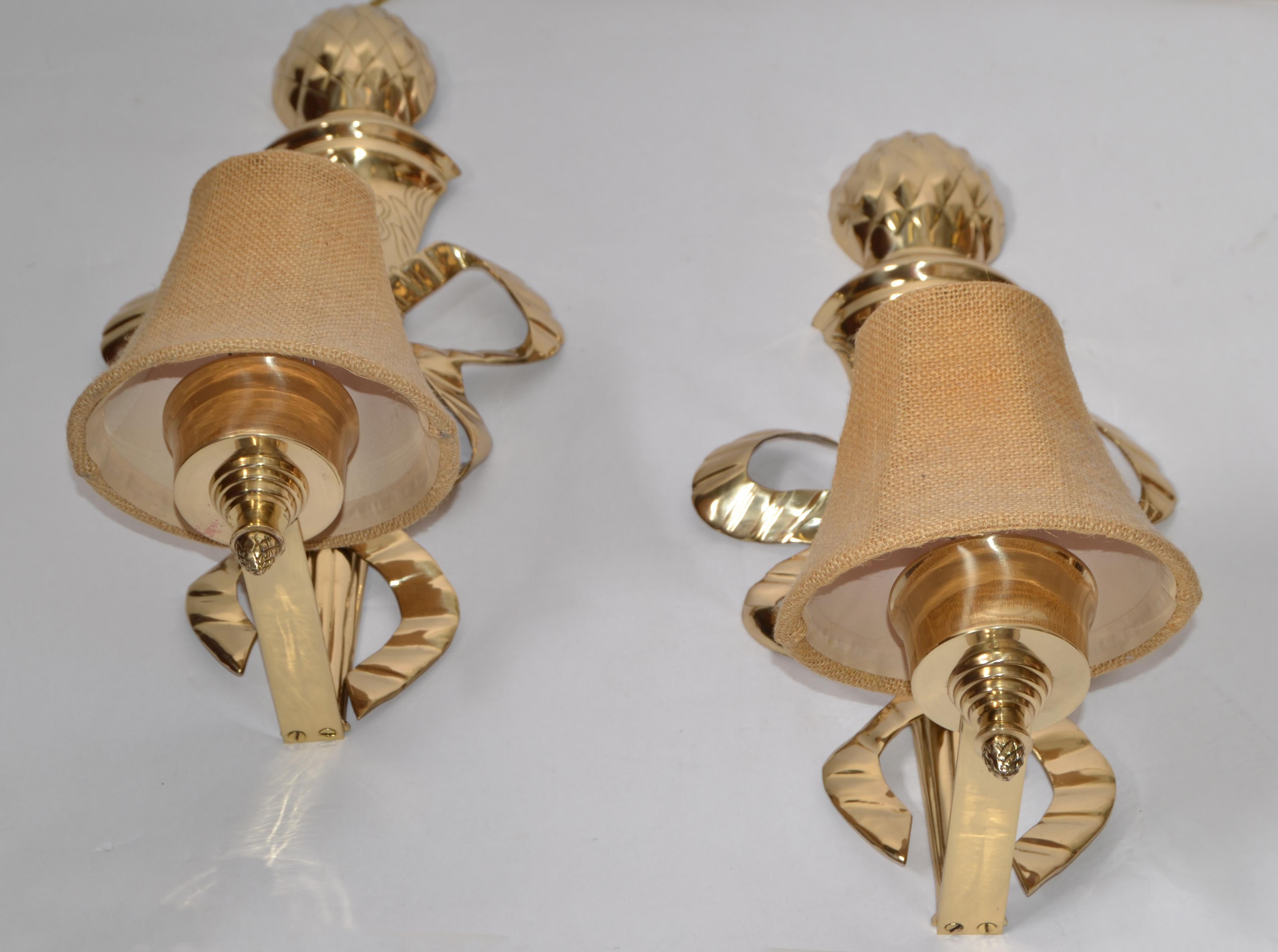 Pair 1960s French Empire Style Ornate Lacquered Brass Bows Pineapple Top Sconces For Sale 4