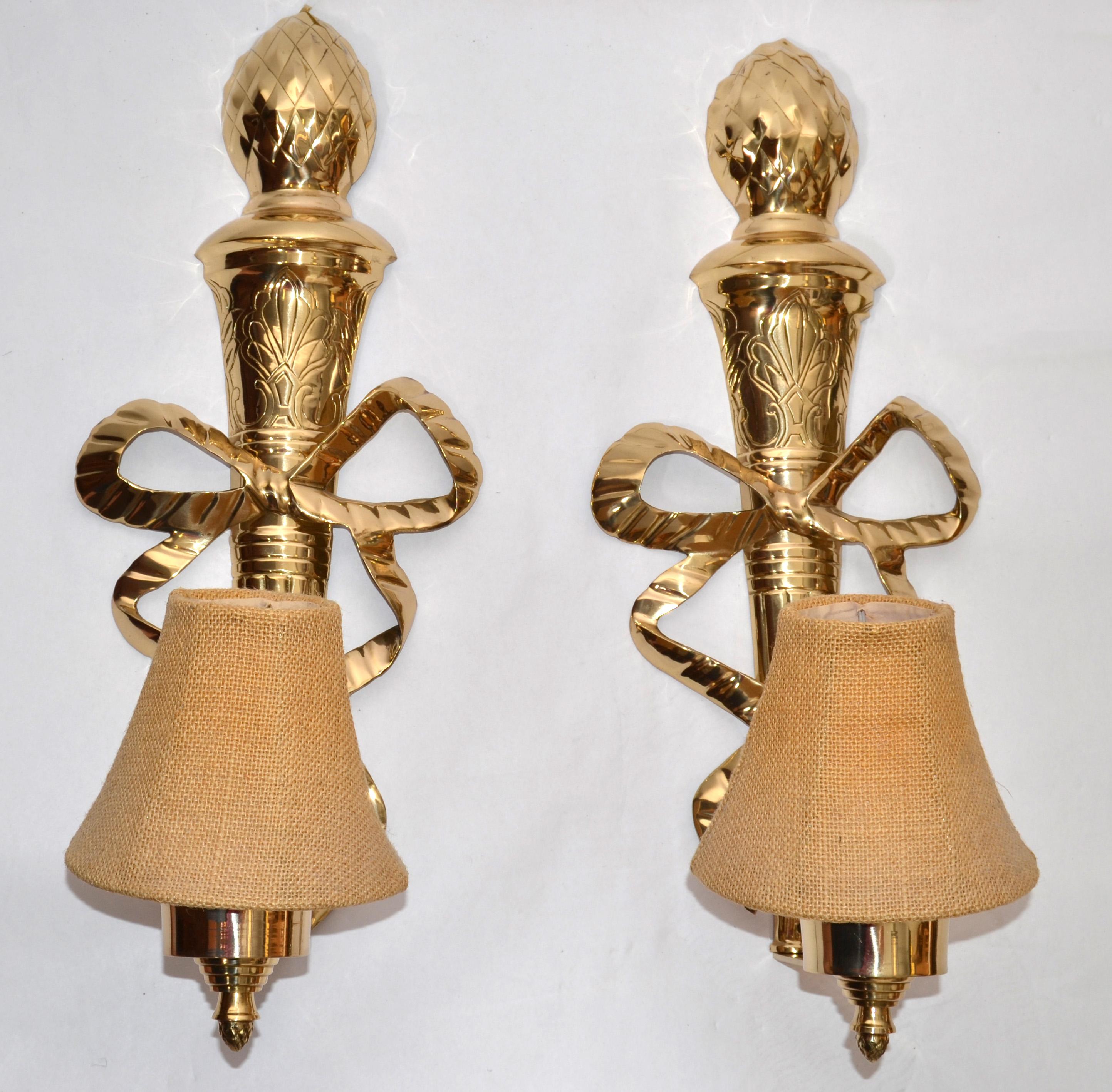 Pair 1960s French Empire Style Ornate Lacquered Brass Bows Pineapple Top Sconces For Sale 5