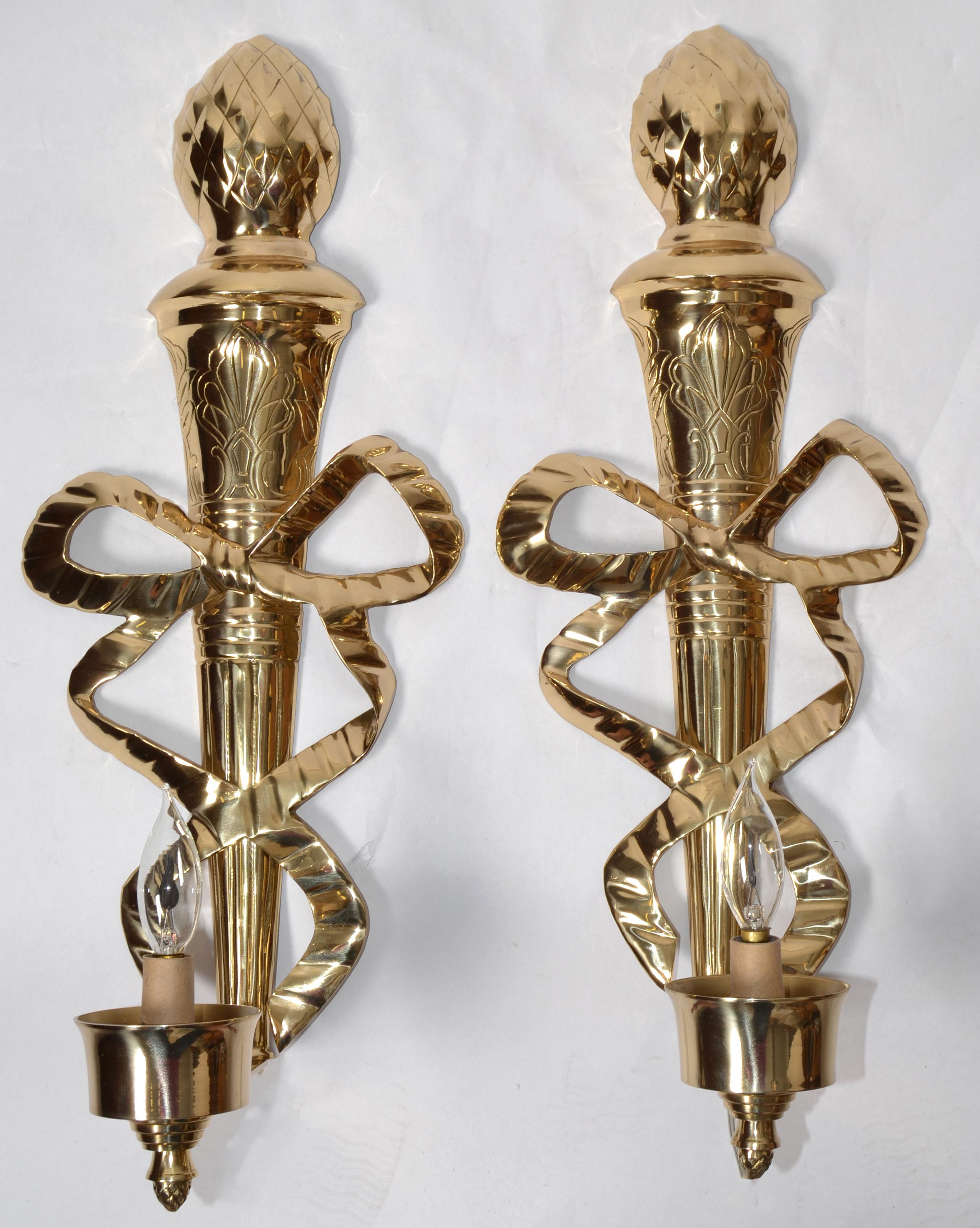 Pair 1960s French Empire Style Ornate Lacquered Brass Bows Pineapple Top Sconces For Sale 7