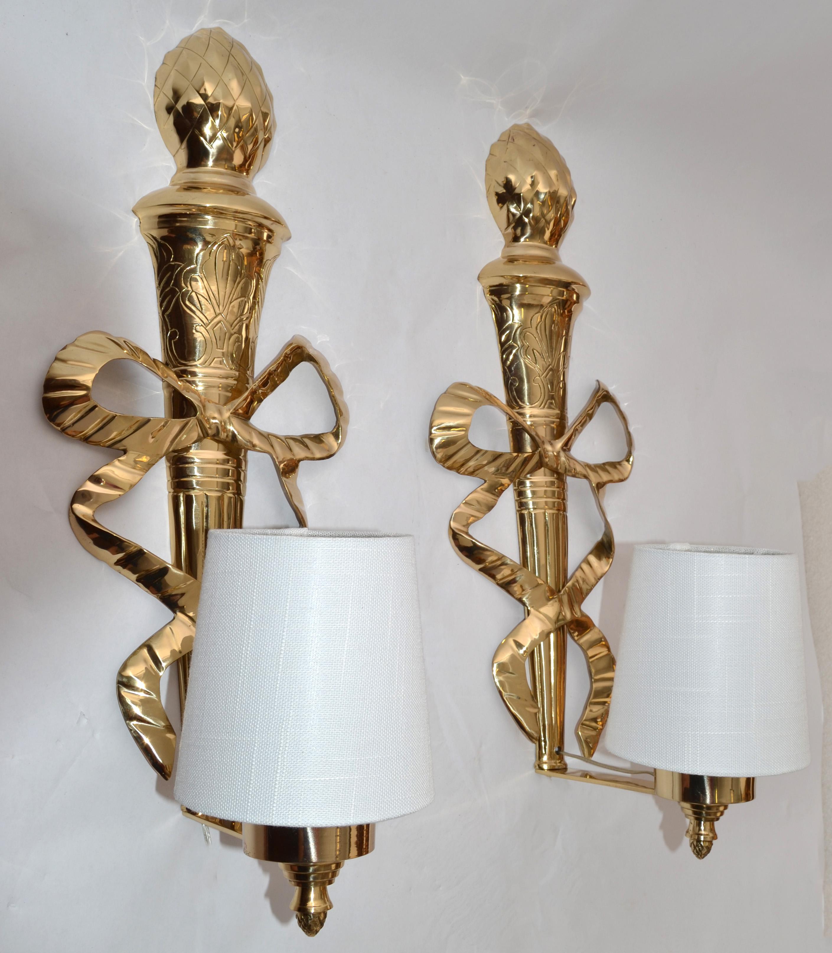 Empire Revival Pair 1960s French Empire Style Ornate Lacquered Brass Bows Pineapple Top Sconces For Sale