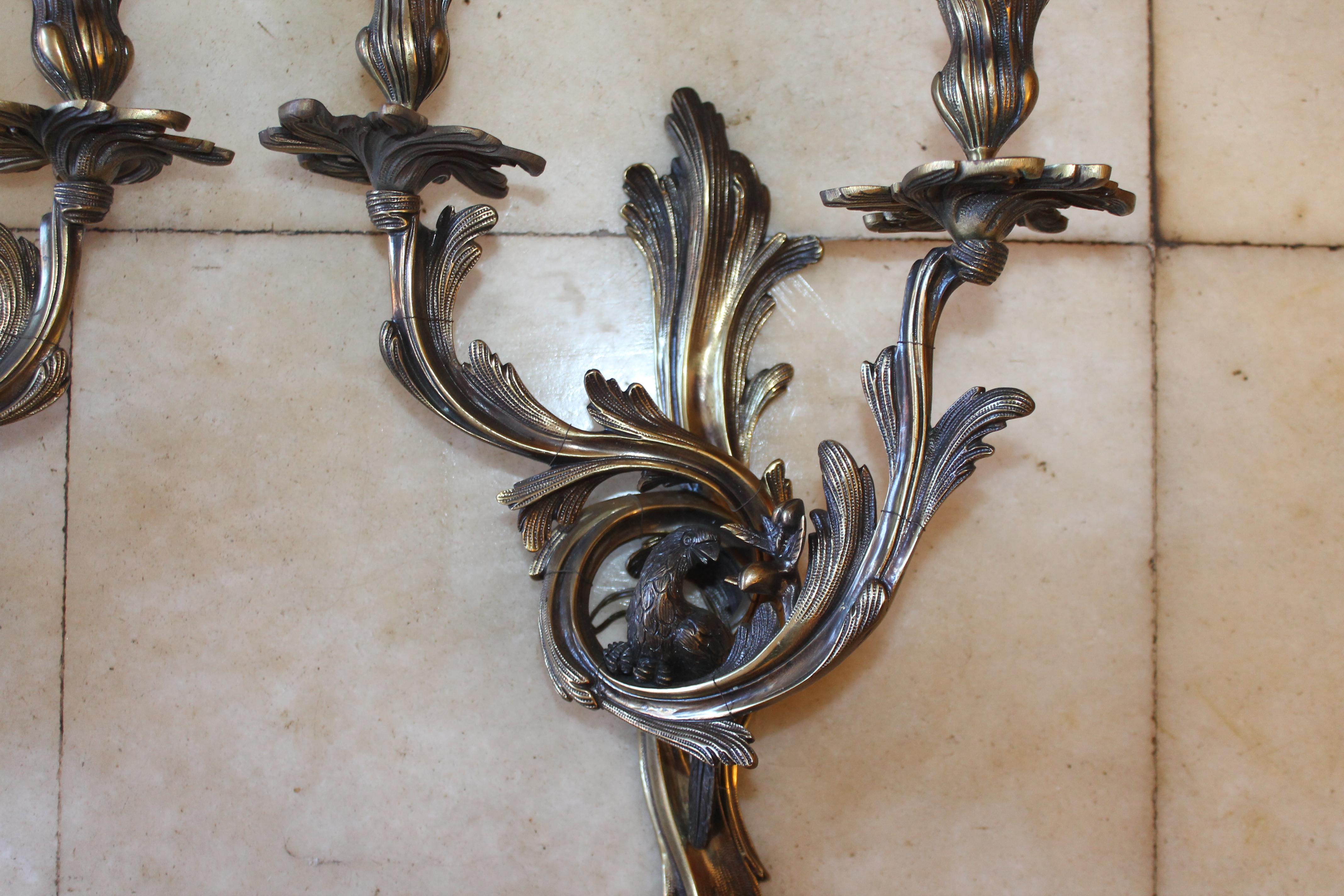 Pair 1960's French Louis XV style Bronze Parrot Sconces style Maison Bagues In Good Condition For Sale In Opa Locka, FL