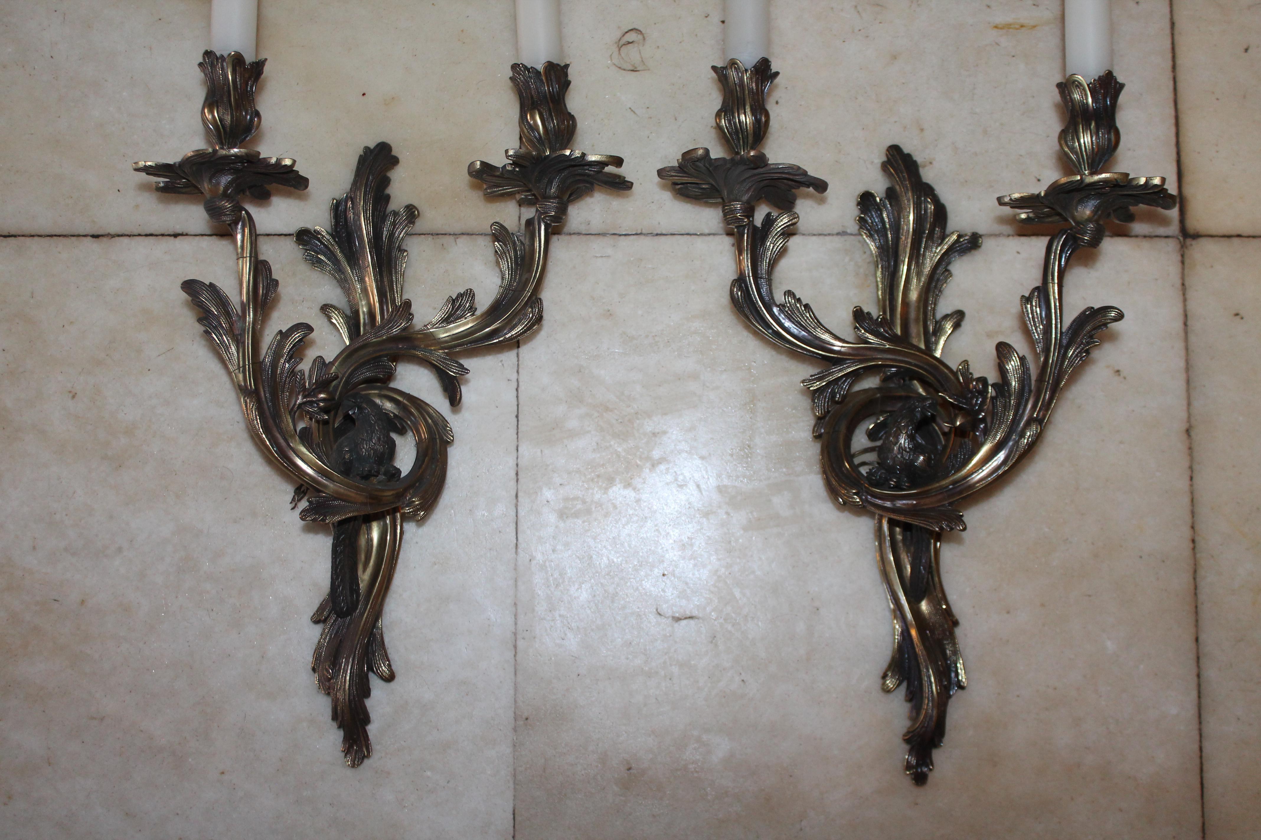 Mid-20th Century Pair 1960's French Louis XV style Bronze Parrot Sconces style Maison Bagues For Sale