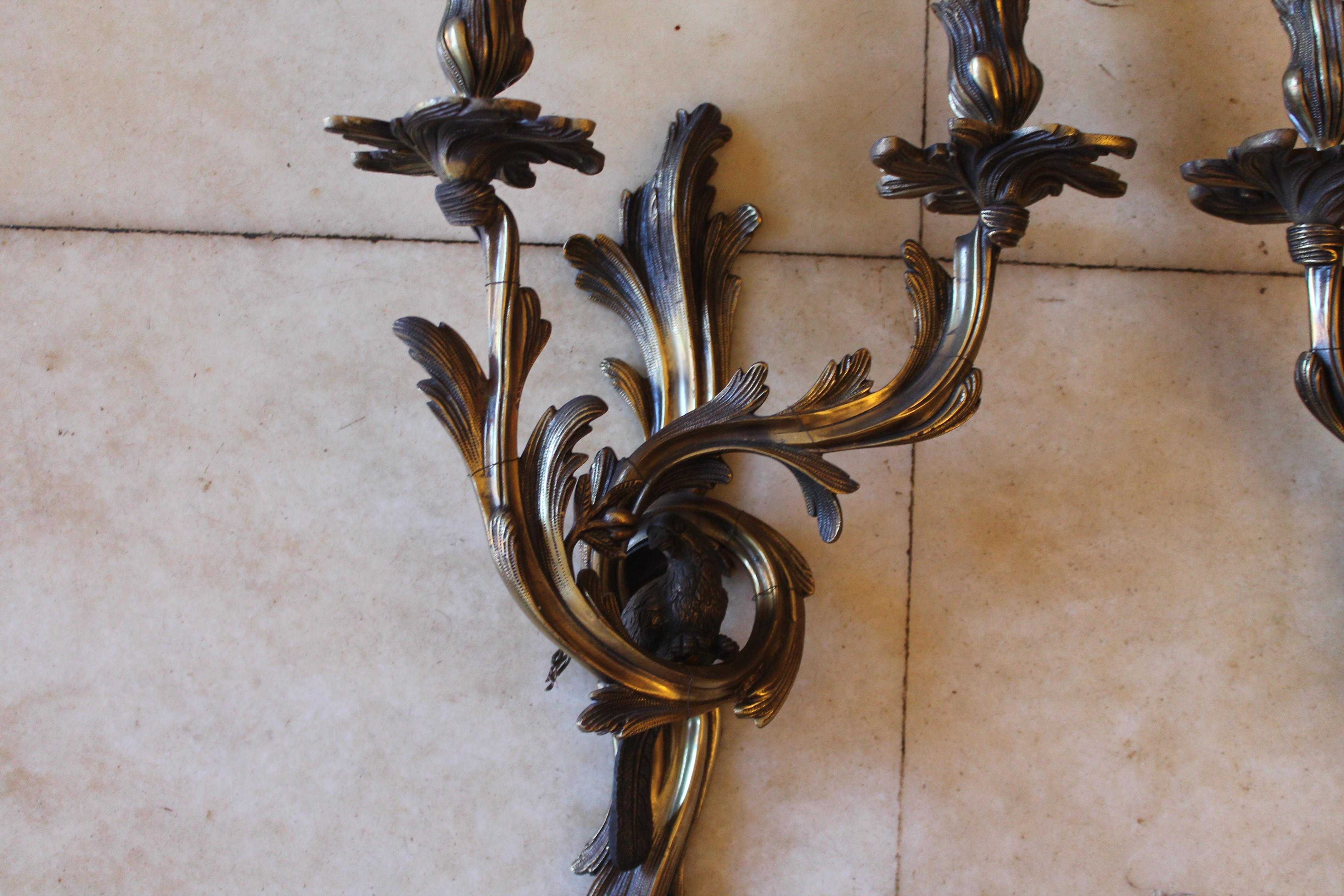 Pair 1960's French Louis XV style Bronze Parrot Sconces style Maison Bagues For Sale 4