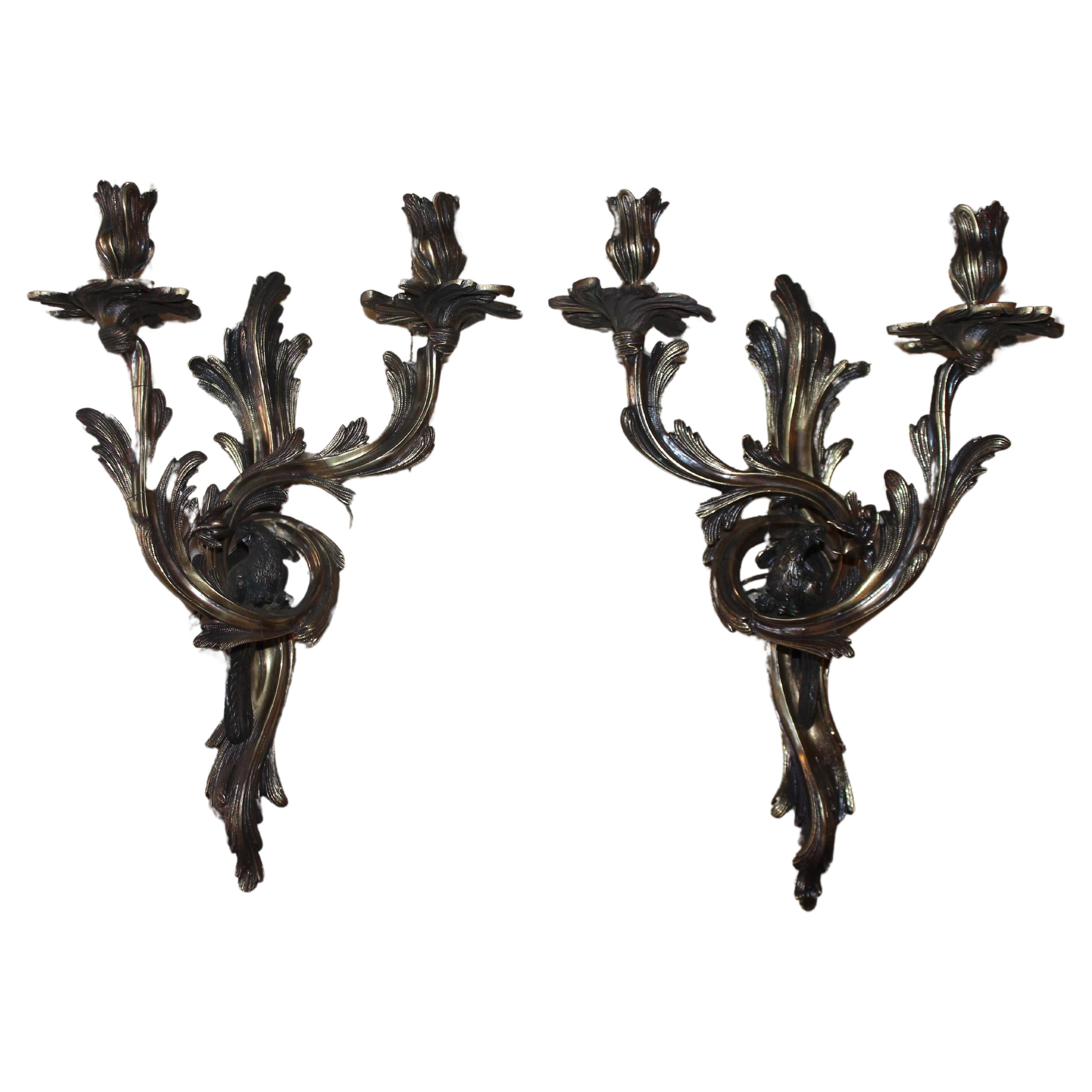 Pair 1960's French Louis XV style Bronze Parrot Sconces style Maison Bagues For Sale