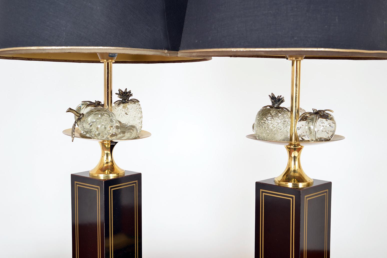 Brass Pair 1960s French Maison Charles Table Lamps Hollywood Regency Pineapple Fruit