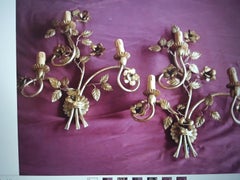 Pair 1960s French Mid Century Modern Gilt Metal Floral Wall Sconces Style Bague