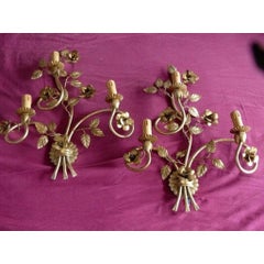 Pair 1960s French Mid Century Modern Gilt Metal Floral Wall Sconces Style Bague