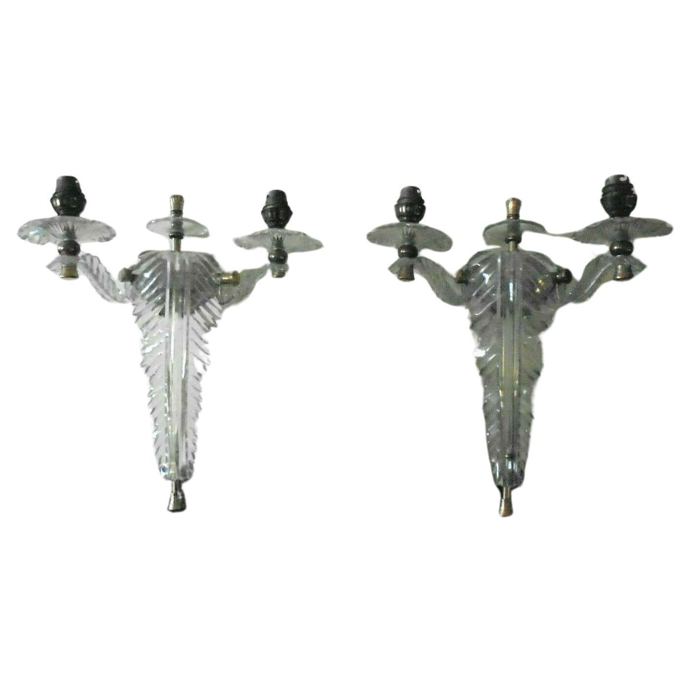 Pair 1960's French Mid Century Modern Lucite Formed Feather / Plume Wall Sconces For Sale