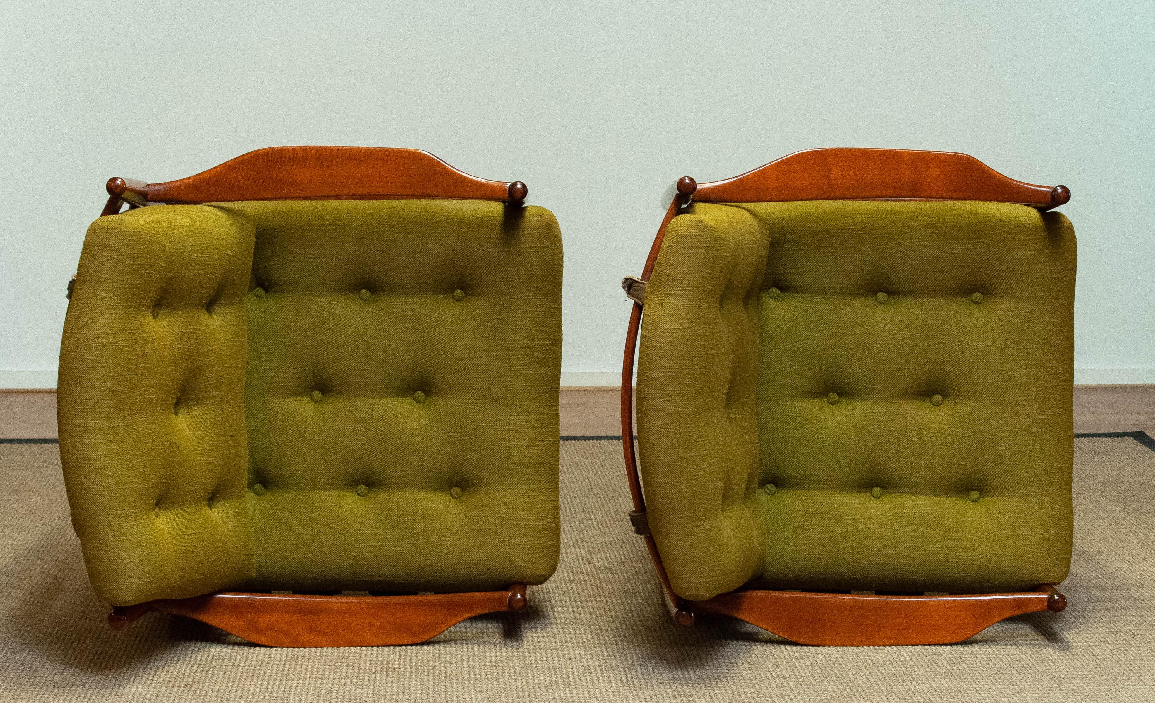 Pair 1960's Green Linen 'Läckö' Lounge Chairs By Ingemar Thillmark For OPE For Sale 6