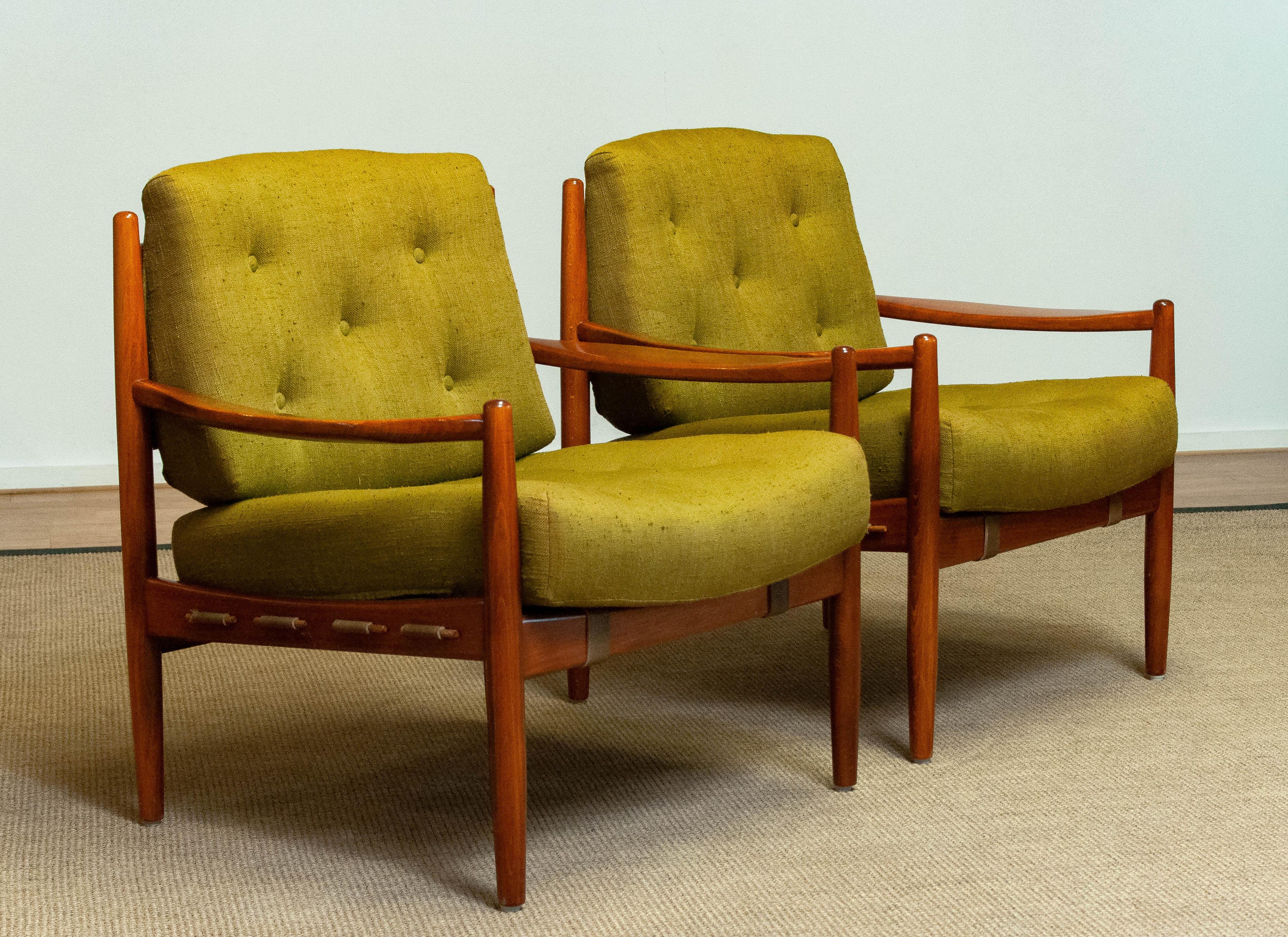 Swedish Pair 1960's Green Linen 'Läckö' Lounge Chairs By Ingemar Thillmark For OPE For Sale