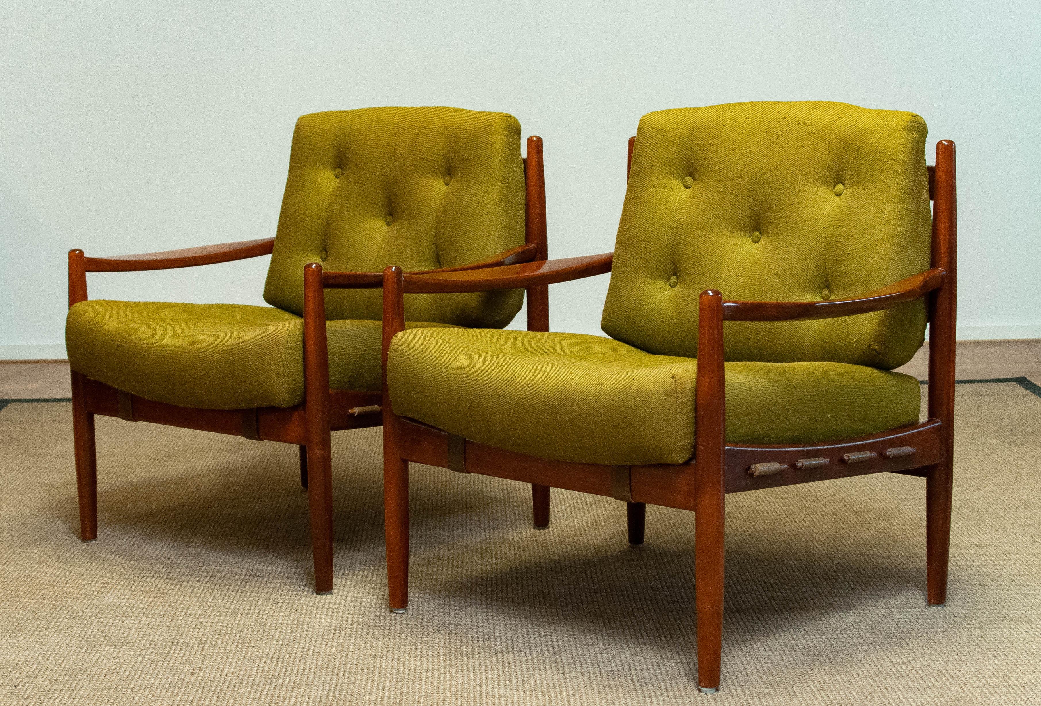 Pair 1960's Green Linen 'Läckö' Lounge Chairs By Ingemar Thillmark For OPE For Sale 1