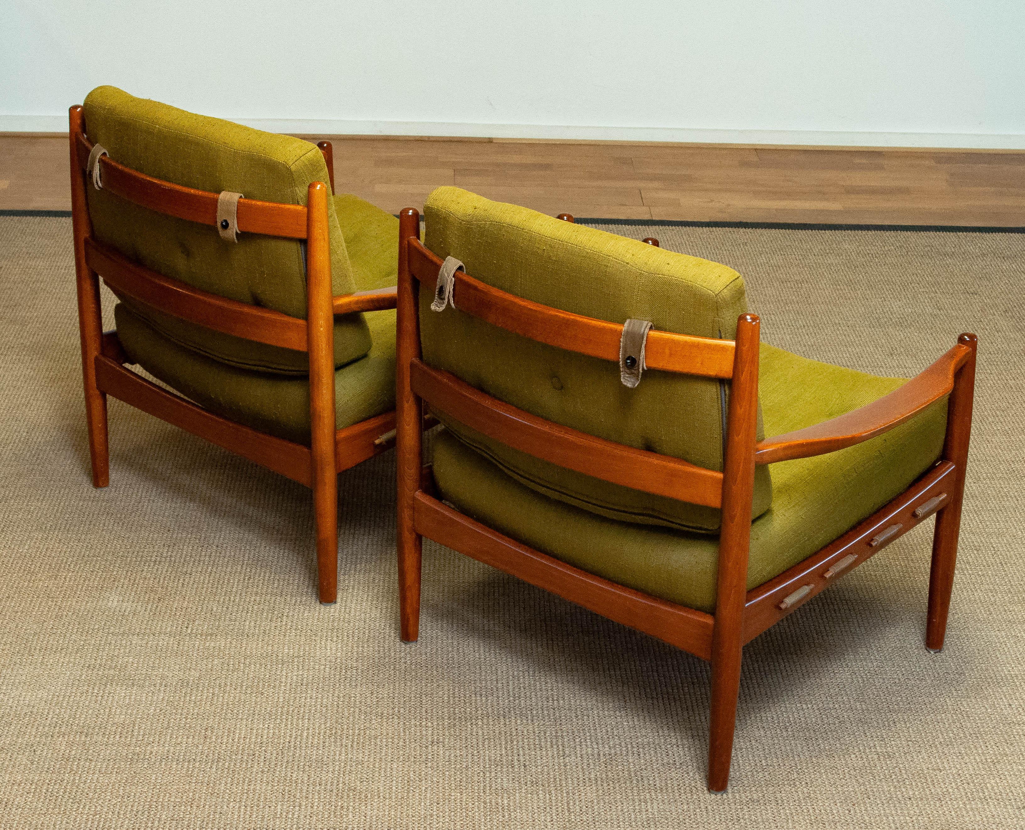 Pair 1960's Green Linen 'Läckö' Lounge Chairs By Ingemar Thillmark For OPE For Sale 2