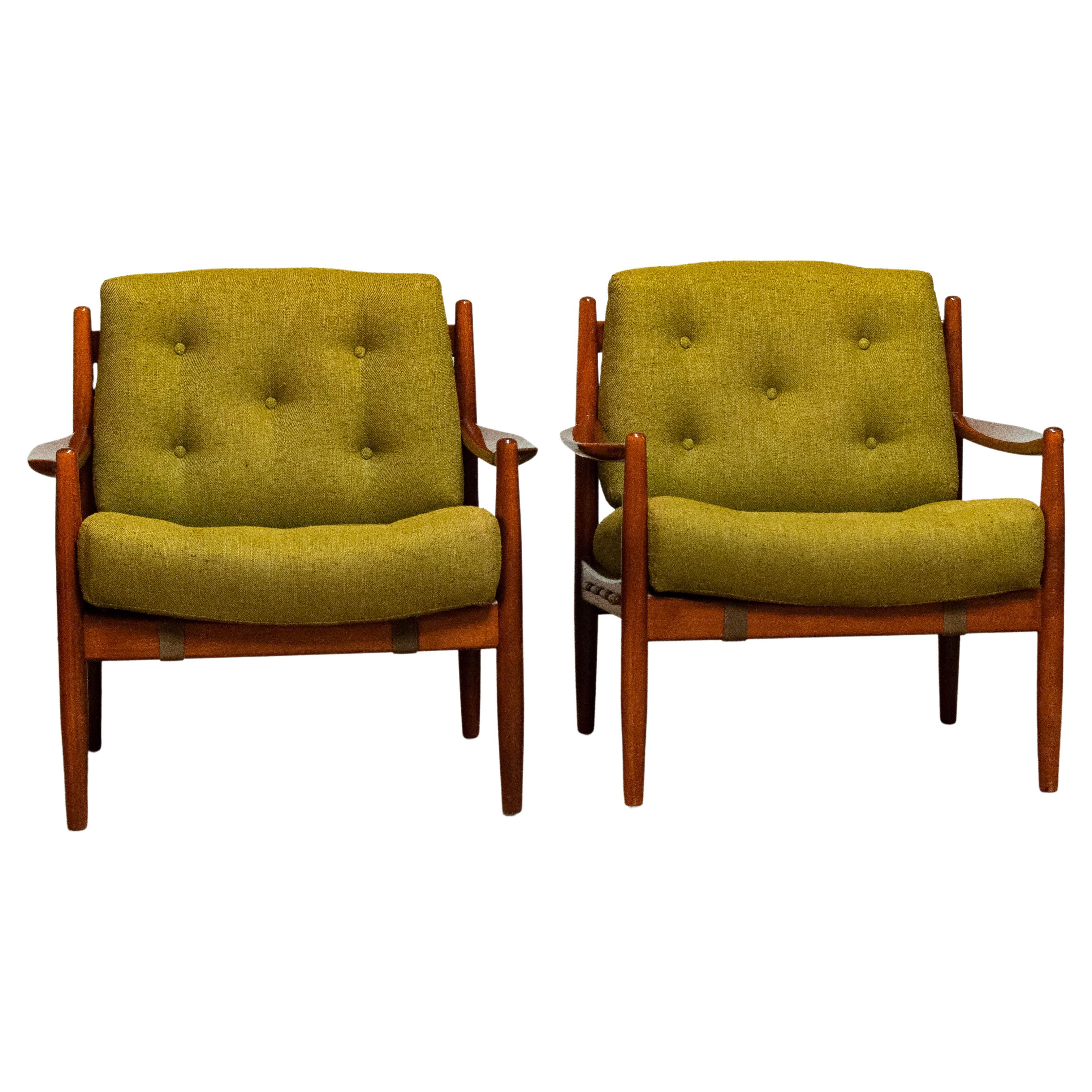 Pair 1960's Green Linen 'Läckö' Lounge Chairs By Ingemar Thillmark For OPE For Sale