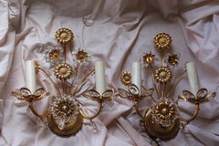 Pair 1960s Hollywood Regency 24K w/ Cut Crystal Floral Wall Sconces by "Palwa"