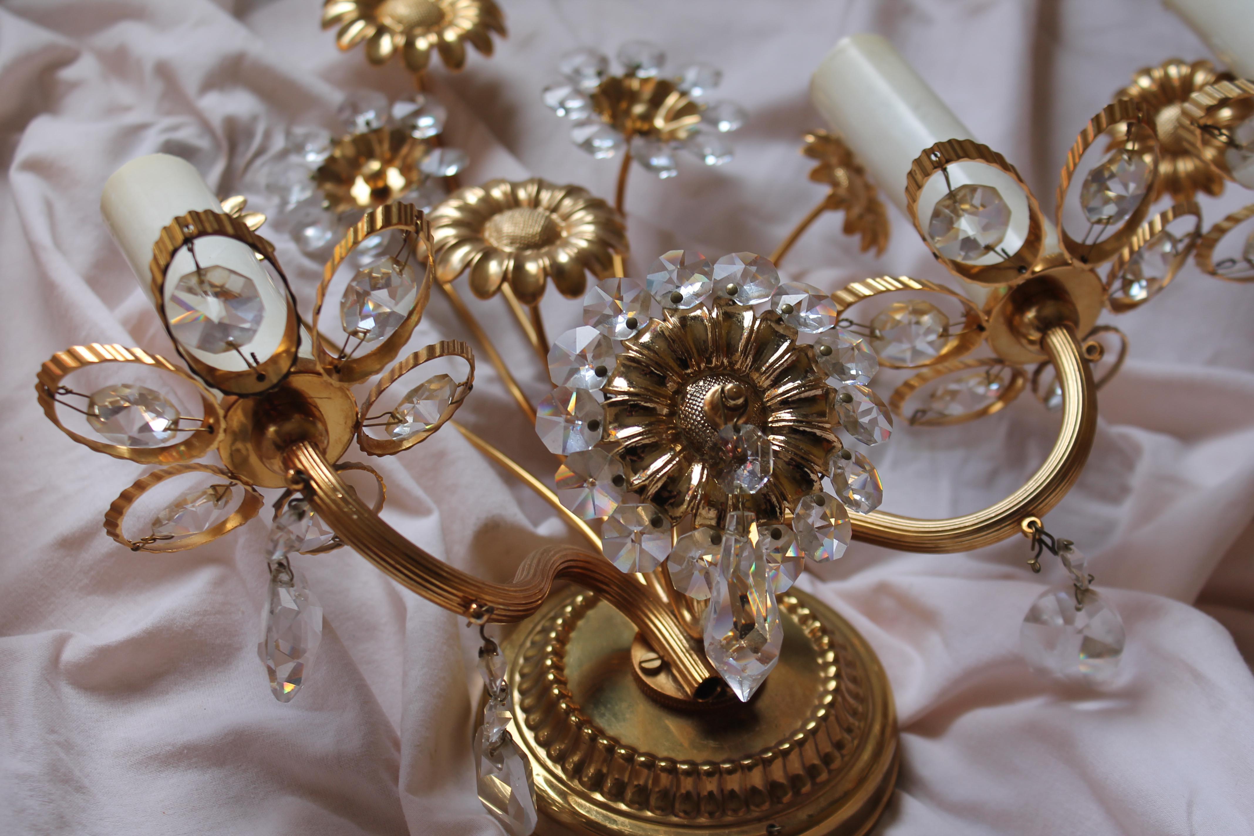 Pair 1960s Hollywood Regency 24K w/ Cut Crystal Floral Wall Sconces by 