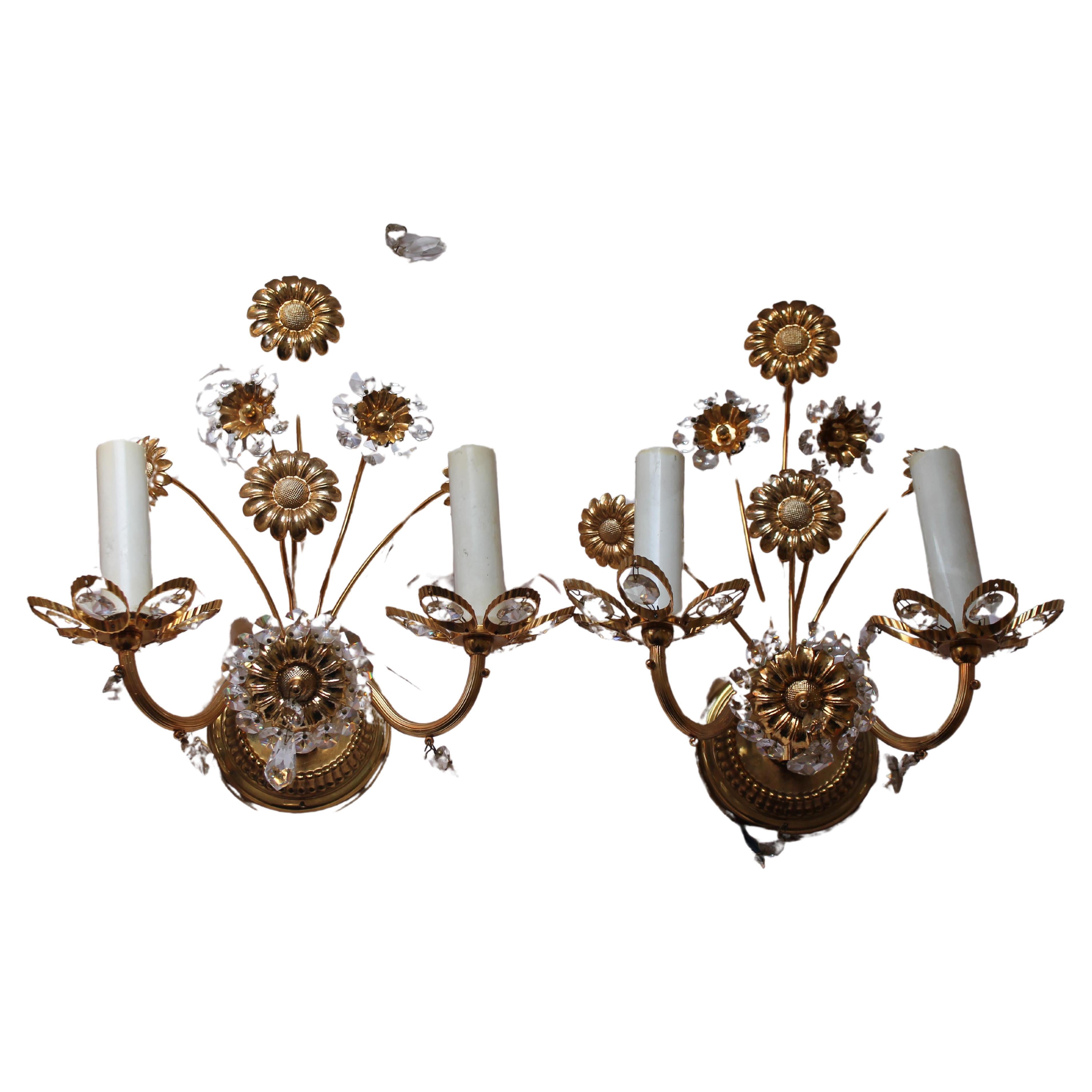 Pair 1960s Hollywood Regency 24K w/ Cut Crystal Floral Wall Sconces by "Palwa" For Sale