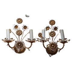 Pair 1960s Hollywood Regency 24K w/ Cut Crystal Floral Wall Sconces by "Palwa"