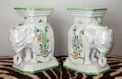 Pair, 1960s Italian Hand Painted Ceramic Elephant Garden Stools / Tables
