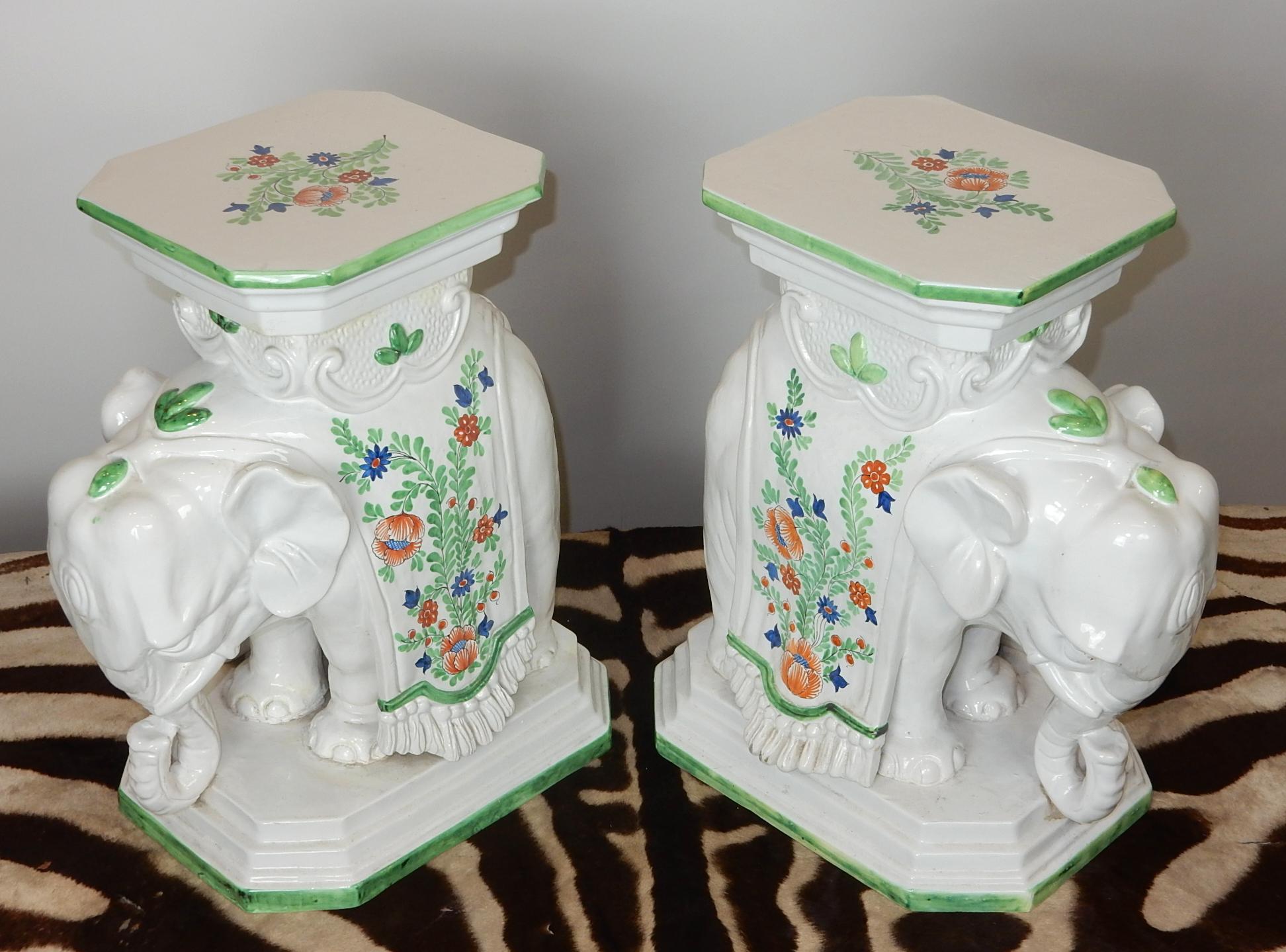 Hollywood Regency Pair, 1960s Italian Hand Painted Ceramic Elephant Garden Stools / Tables